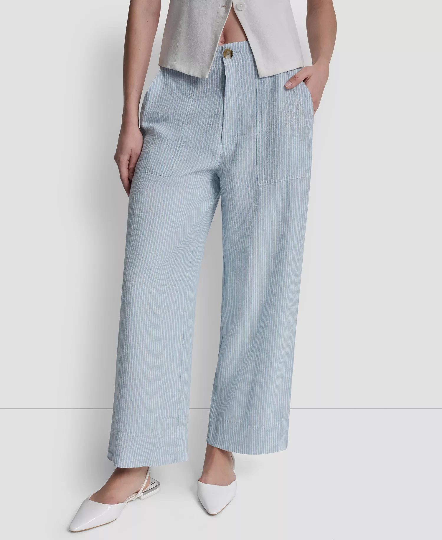 Women's Cropped Wide-Leg Linen-Blend Pants - Lex Stripe-chambray/ivory - 0