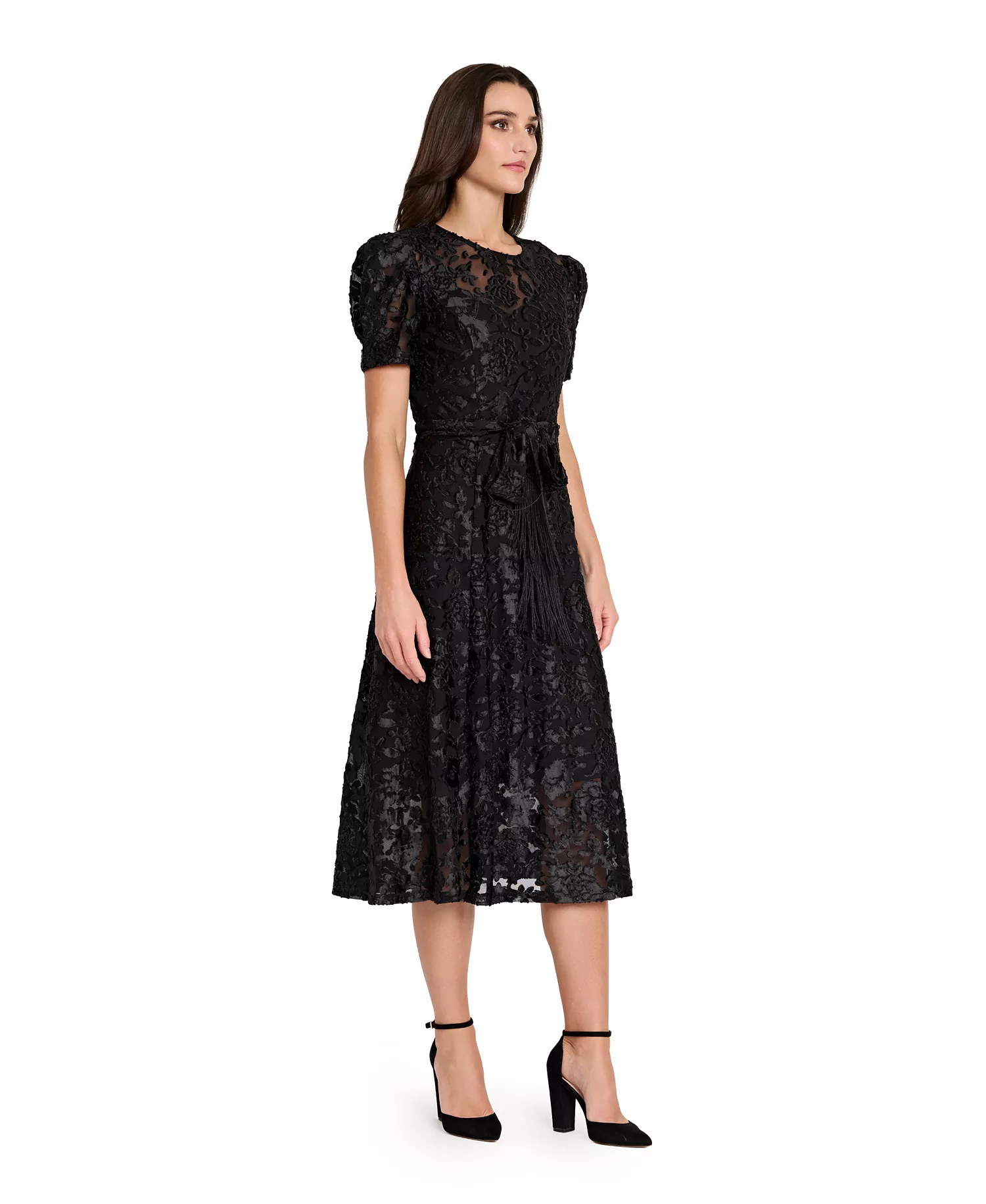 Women's Puff Short-Sleeve Burnout Dress - Black - 10