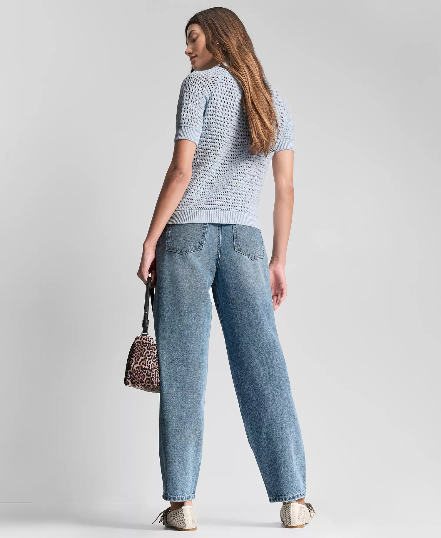 Women's Short-Sleeve Polo Collar Faux Crochet Stitch Sweater - Frost Blue - L