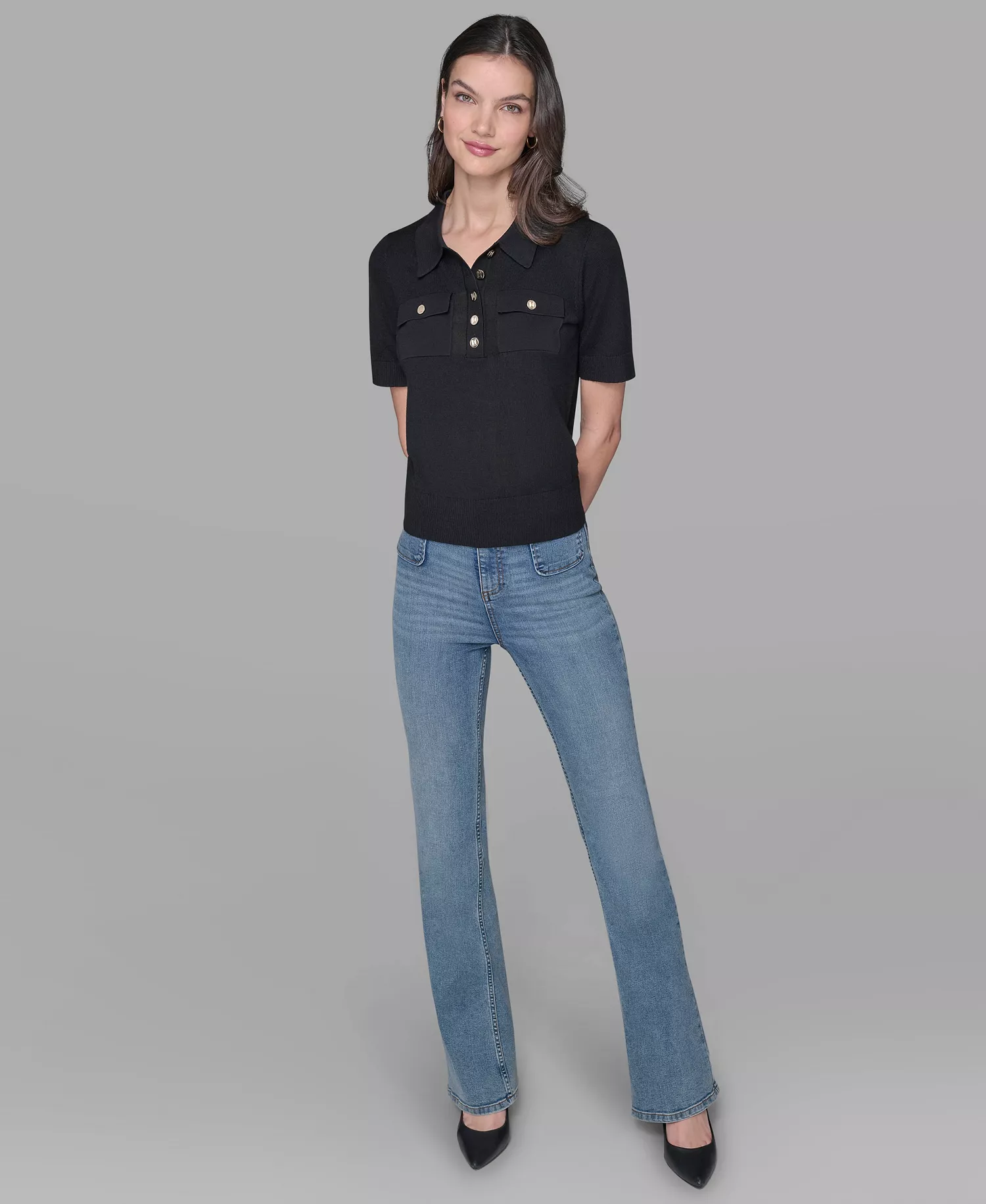 Women's Short-Sleeve Button-Front Sweater - Black - XS