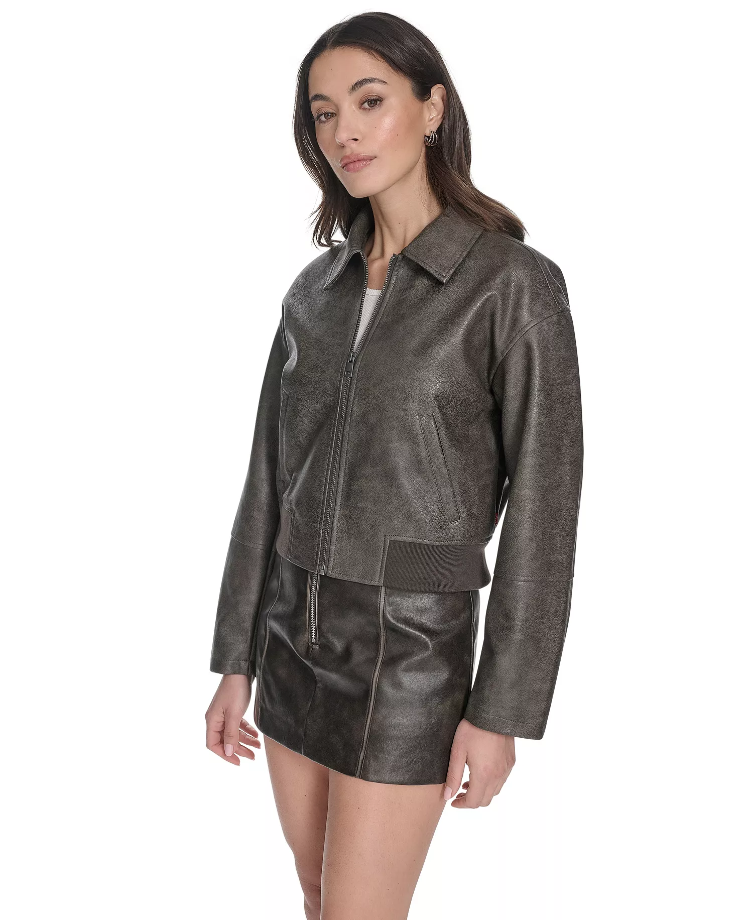 Women's Faux Leather Lightweight Bomber Jacket - Ash - L