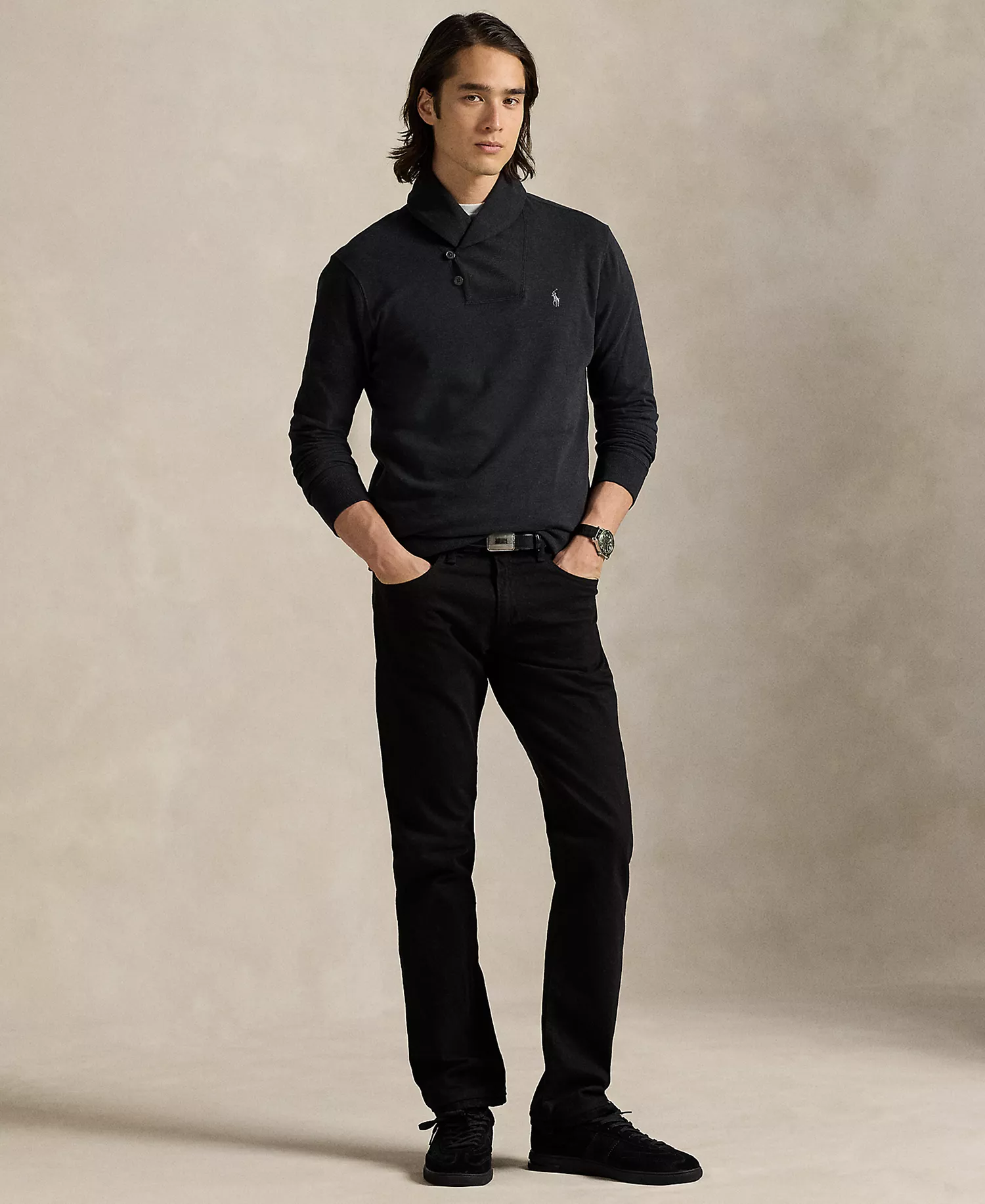 Men's Luxury Jersey Shawl-Collar Pullover - Polo Black Heather/c9979 - XS