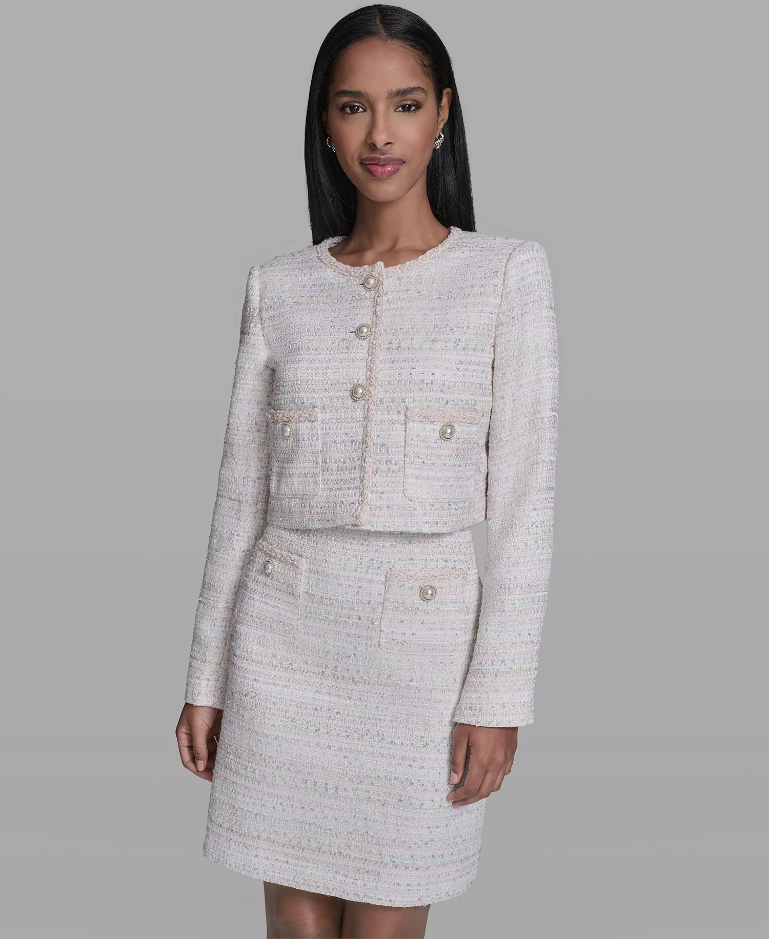 Women's Metallic Tweed Button-Front Jacket Dress - Soft White Multi - 0