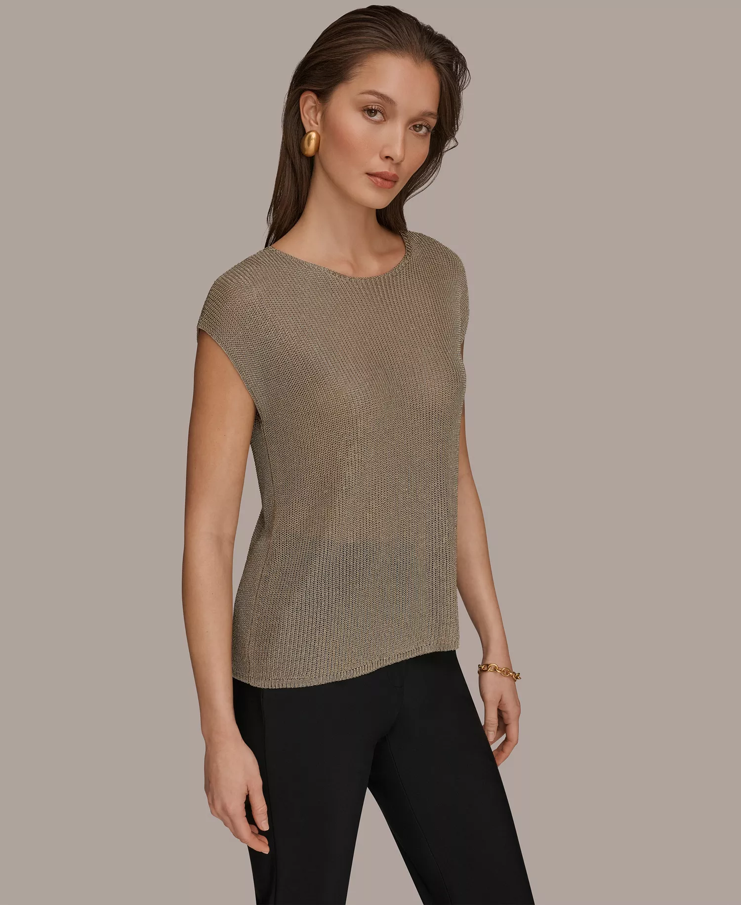 Women's Sleeveless Metallic Crew Neck Sweater - Tan/Beige - L