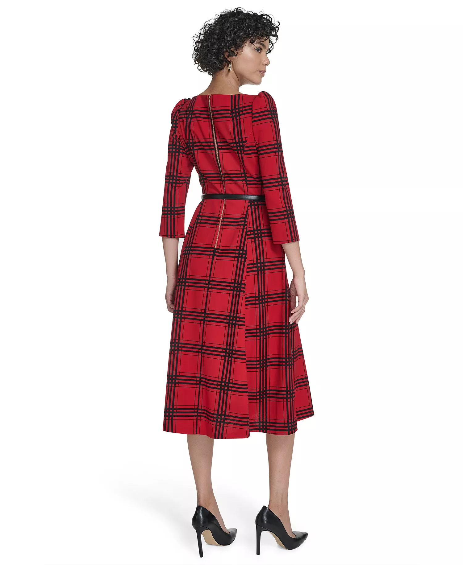 Women's 3/4-Sleeve Plaid Midi Dress - Medium Red - 10