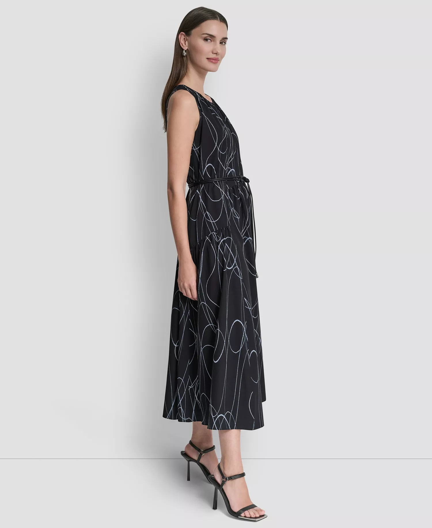 Women's Sleeveless Drop Waist Midi Dress - Black Multi - 10