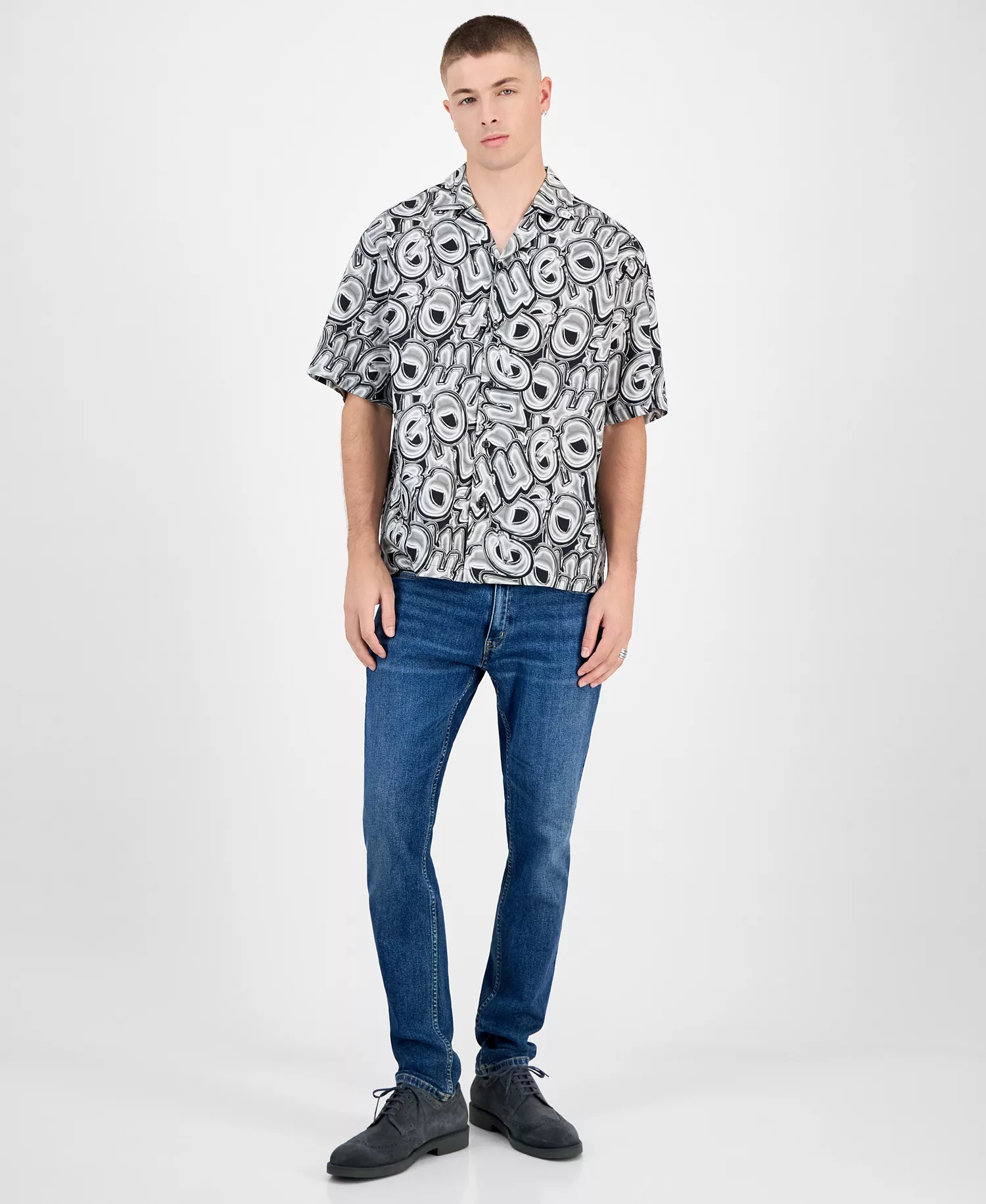 Men's Eligino Short-Sleeve Logo Print Button-Front Camp Shirt - Navy - 2XL