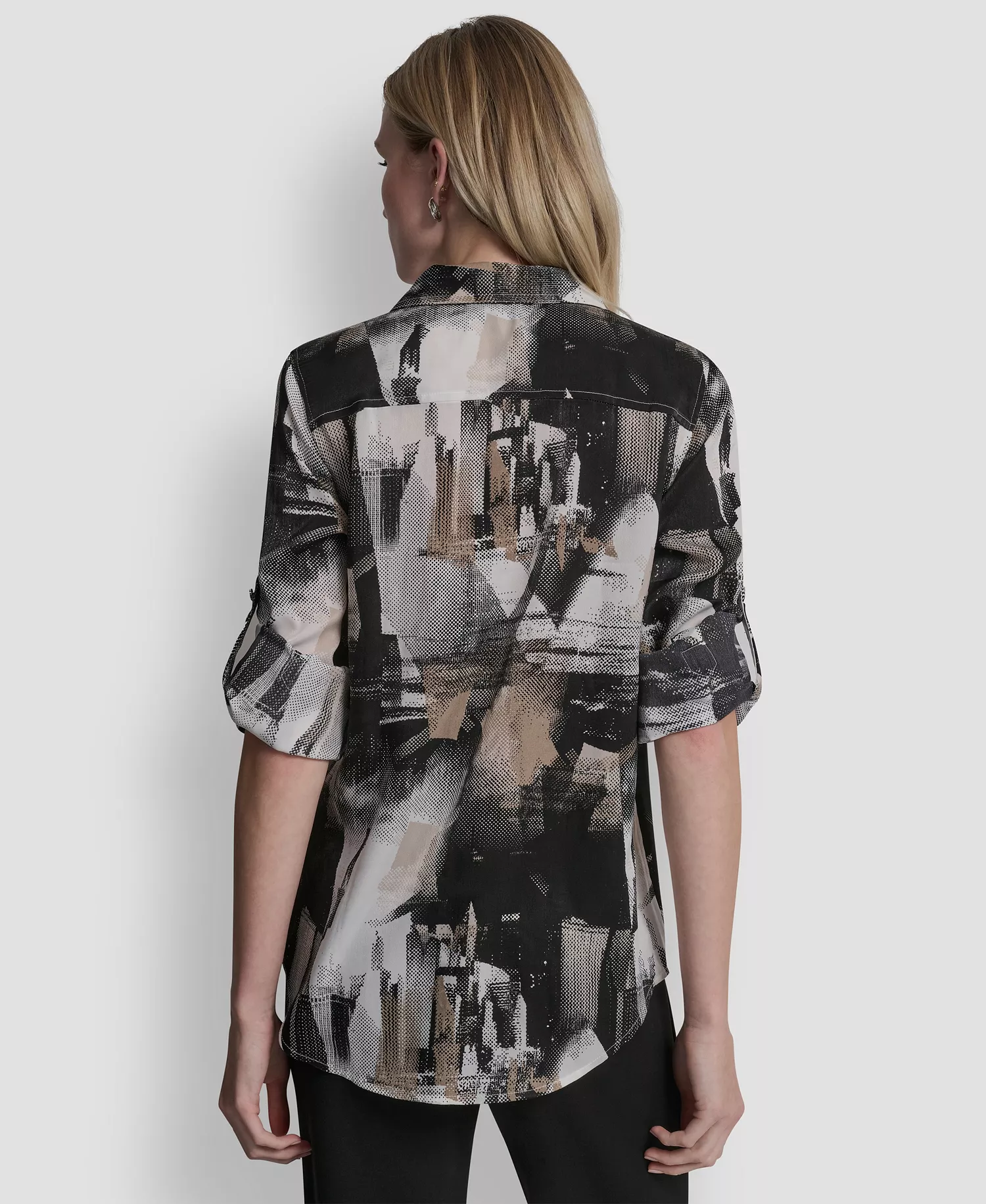 Women's Printed Roll-Tab Shirt - Ivory Skyline Collage - L