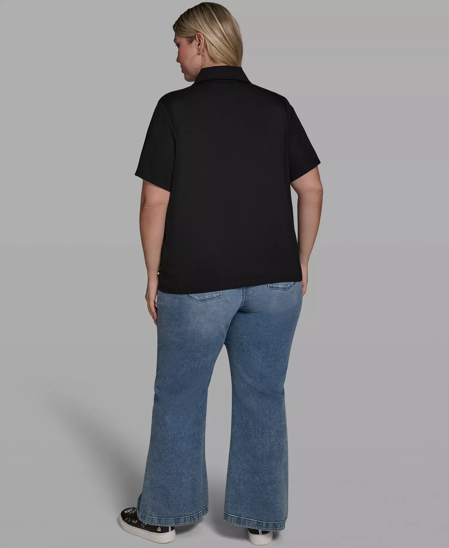 Plus Size Floral Polo Short-Sleeve Top - Black - 0X