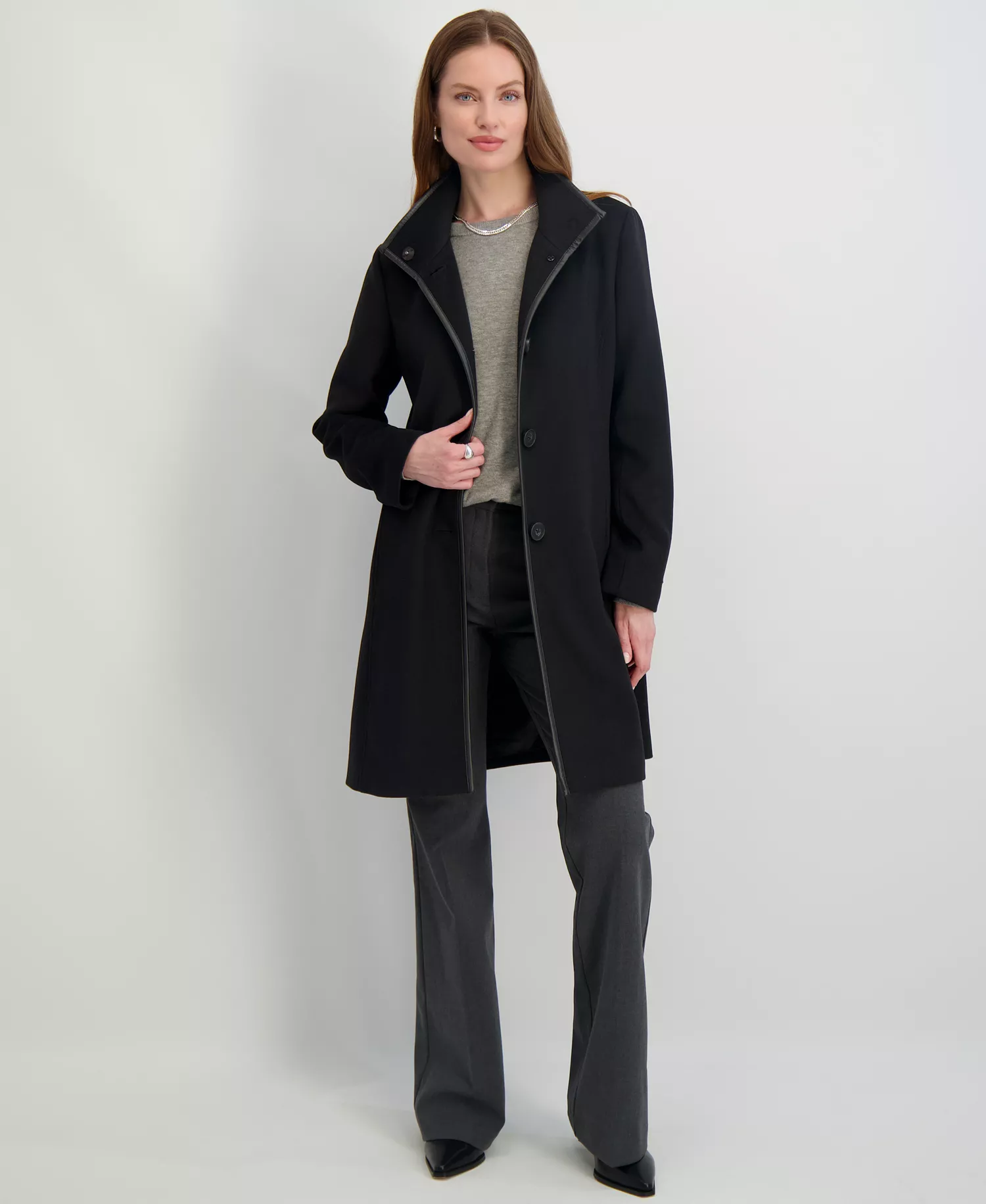 Women's Stand-Collar Button-Front Coat - Black - L