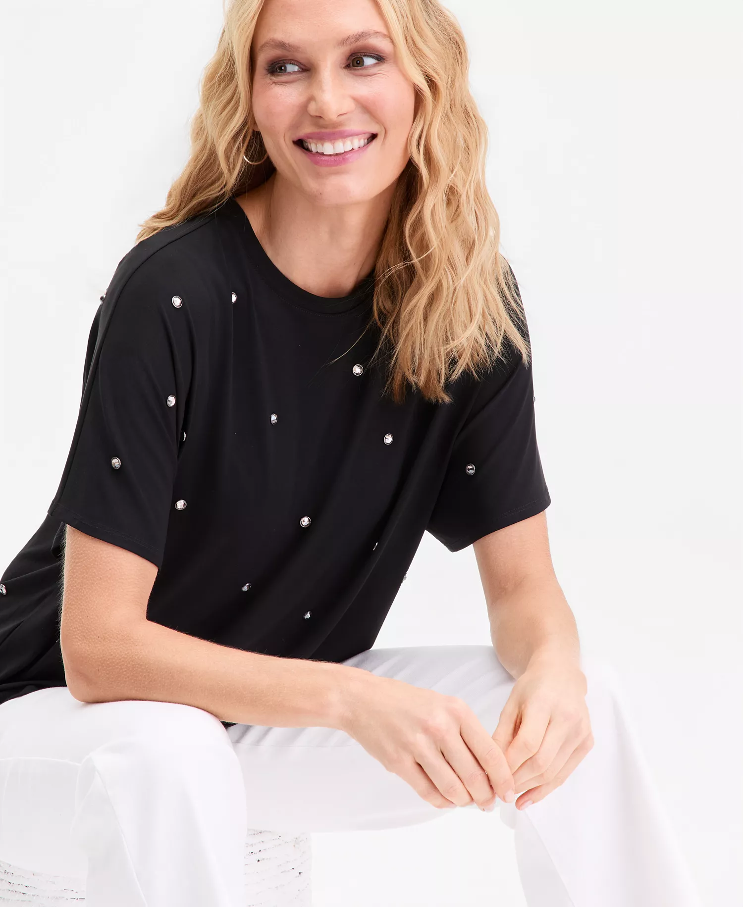 Women's Short Sleeve Crystal Embellished T-Shirt, Macy's Exclusive - Deep Black - L