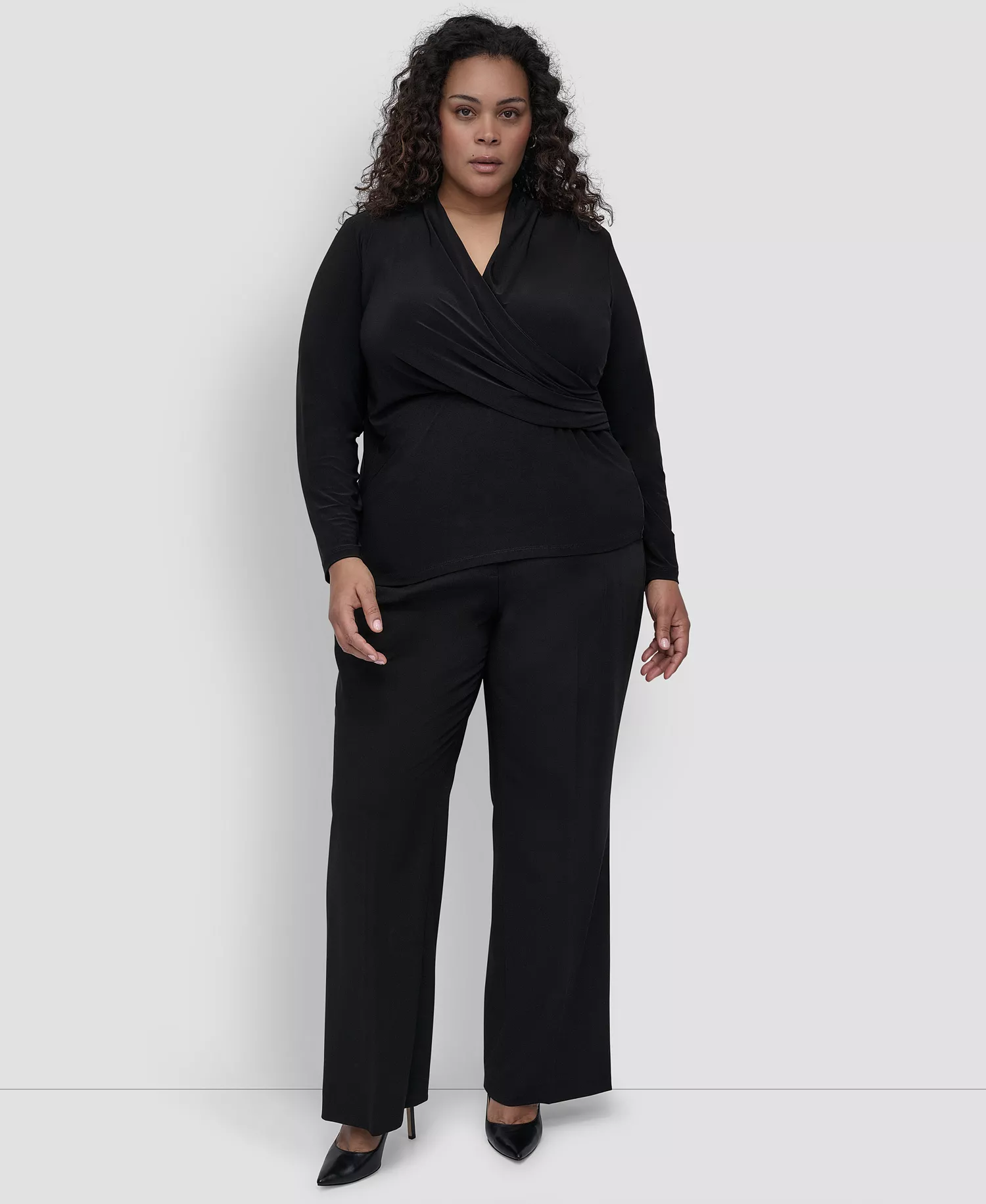 Plus Size Long-Sleeve Faux-Wrap Top - Black - 1X