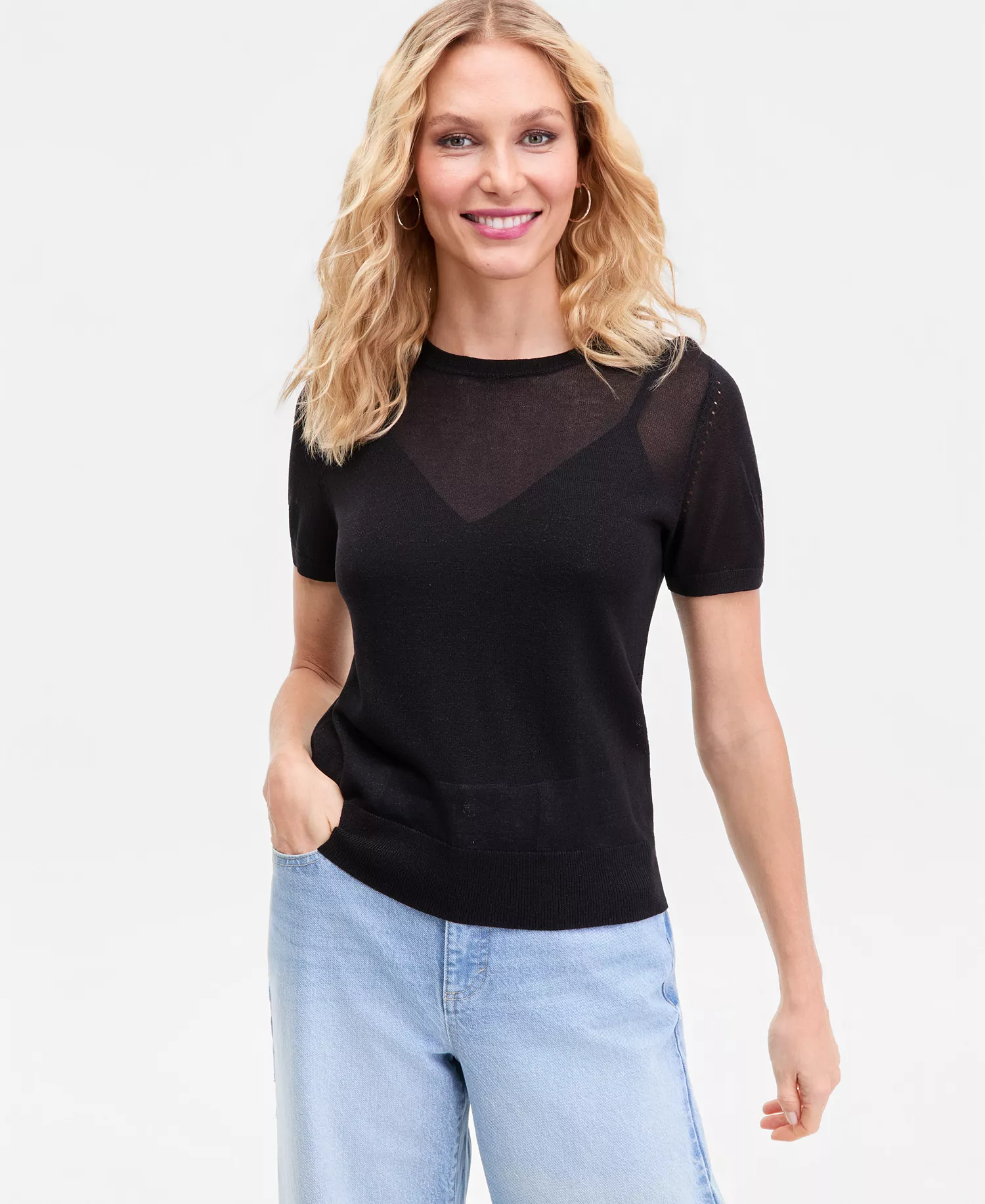 Women's Lightweight Metallic-Knit Short-Sleeve Sweater, Macy's Exclusive  - Deep Black - L