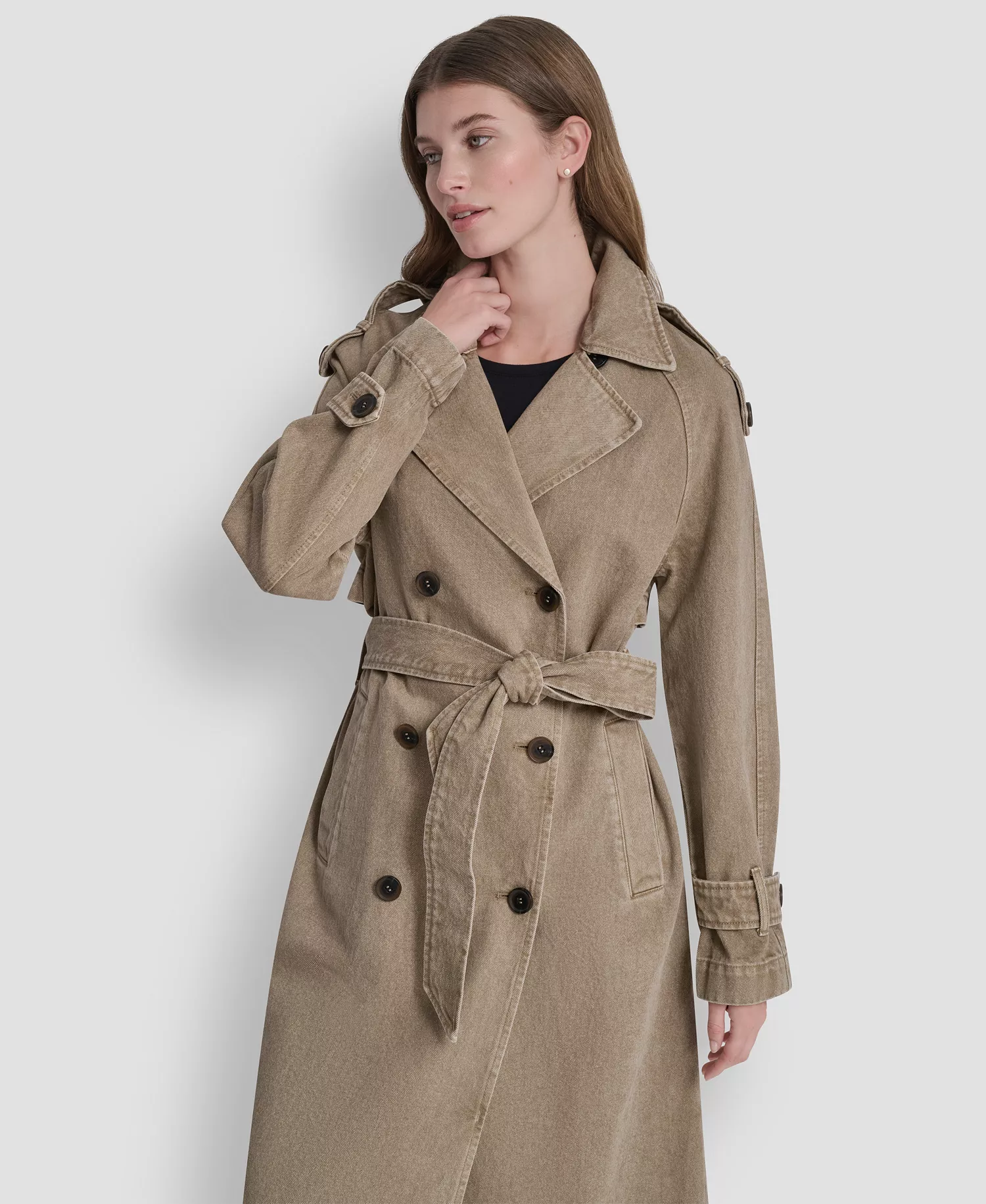 Women's Double Breasted Denim Belted Trench Coat - Khaki - L