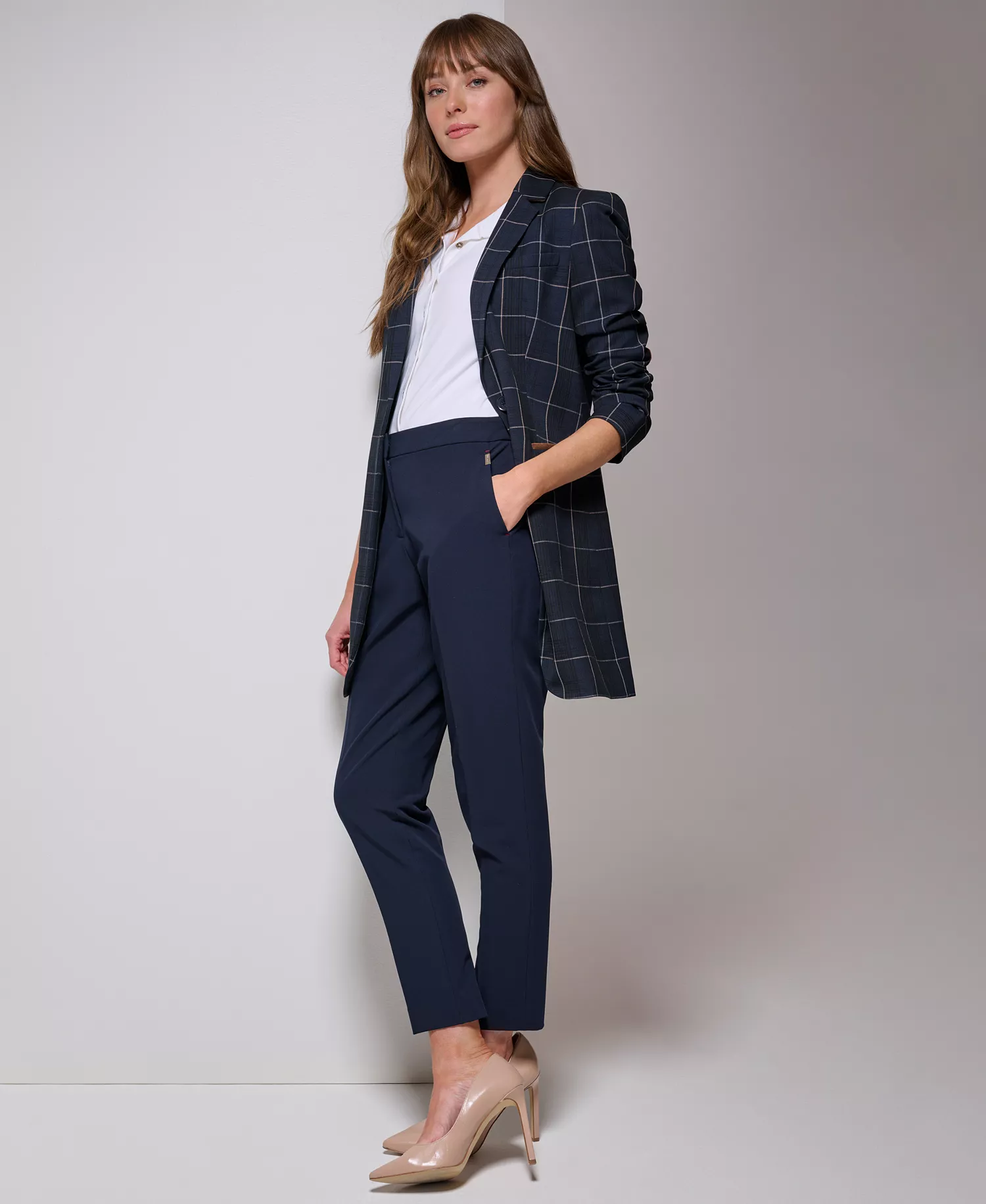 Women's Windowpane One-Button Blazer - Midnt/grey - 0