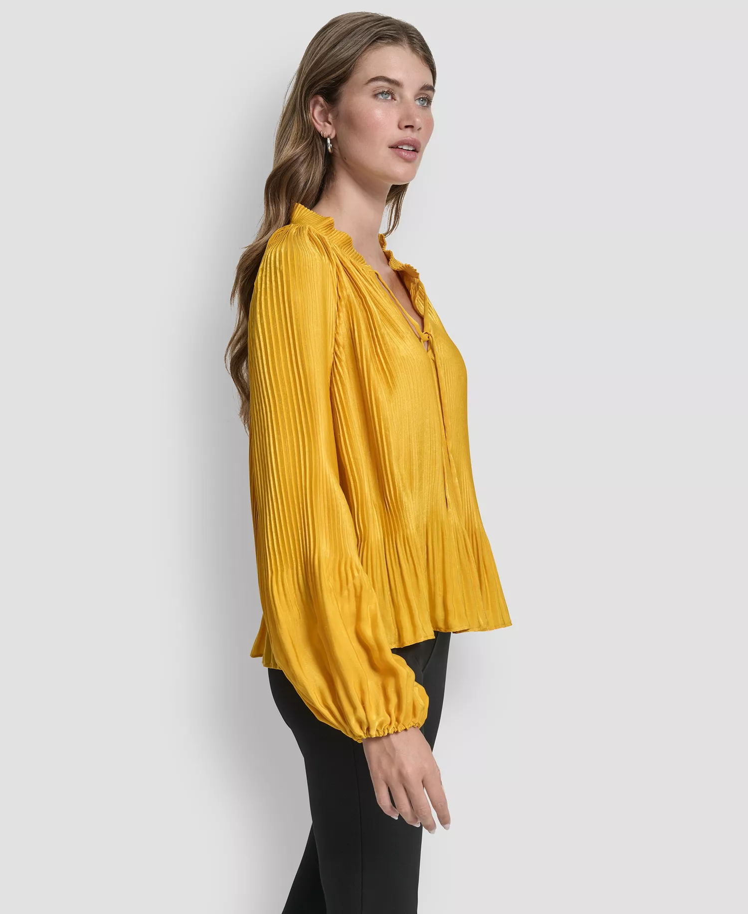 Women's Long Sleeve Pleat Top - Sunset Yellow - XL