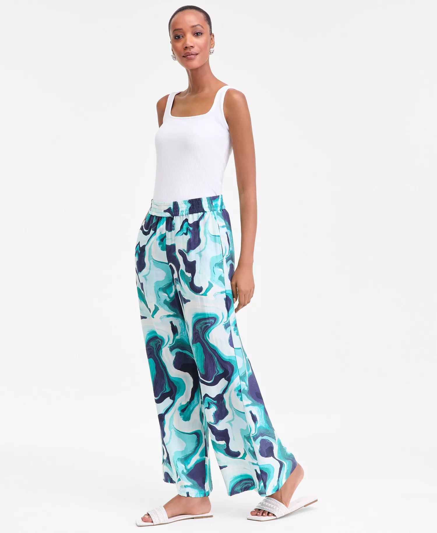 Women's Printed Pull-On Wide-Leg Pants, Macy's Exclusive - Hattie Dye Teal - L - Regular