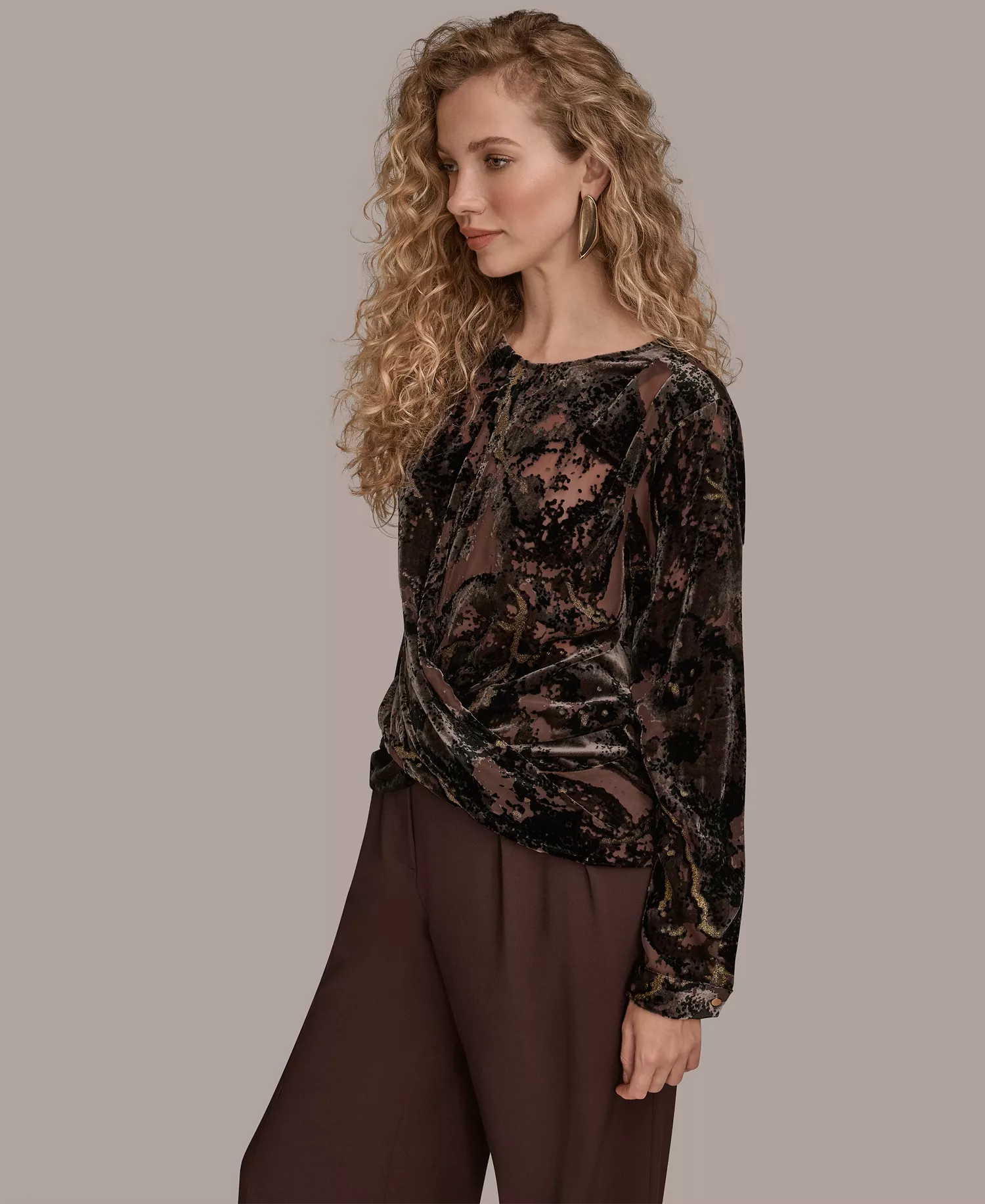 Women's Printed Long Sleeve Top - Chocolate Plum/black/gold - S