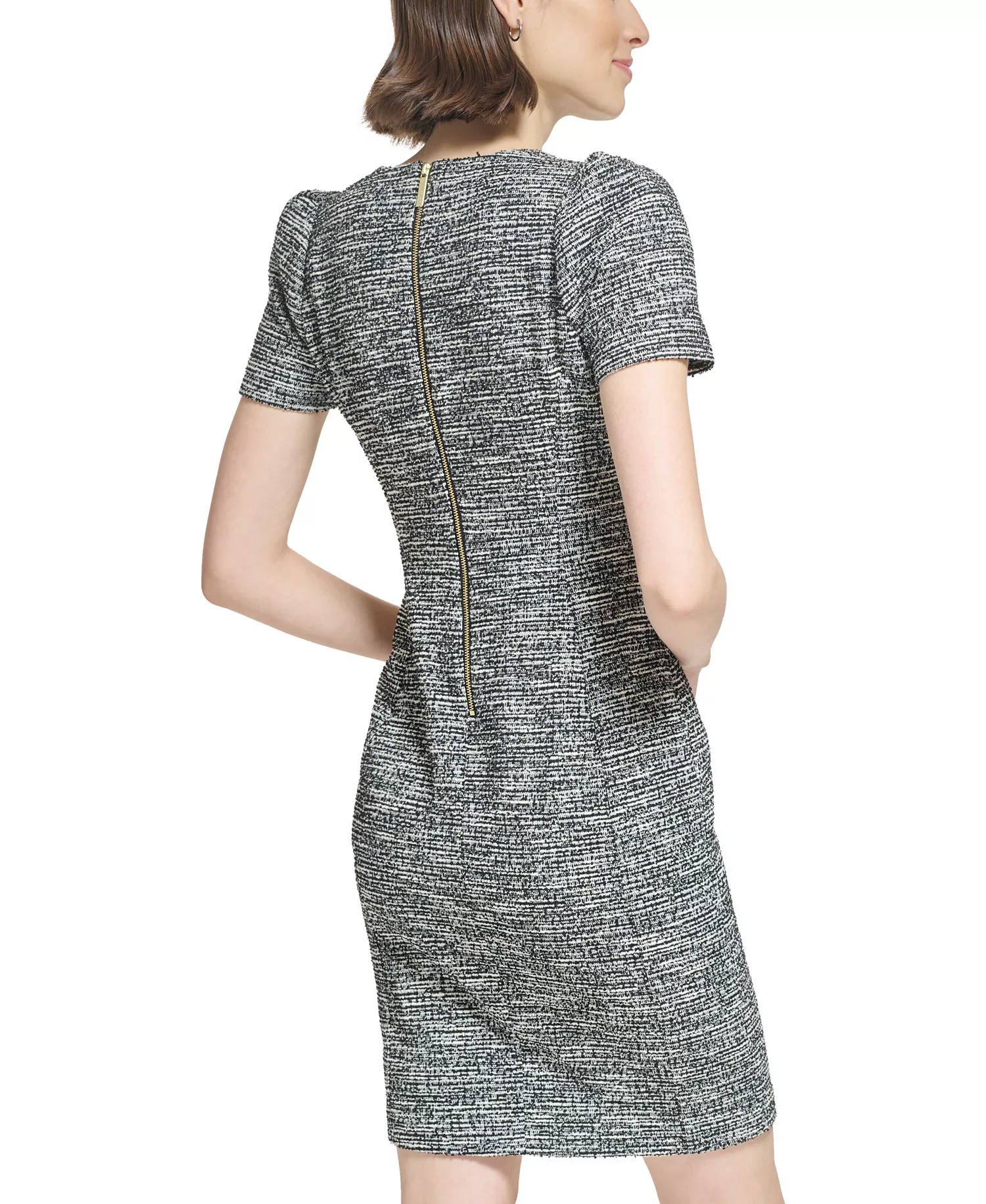 Women's Tweed Short-sleeve Sheath Mini Dress - Black.Cream - 10