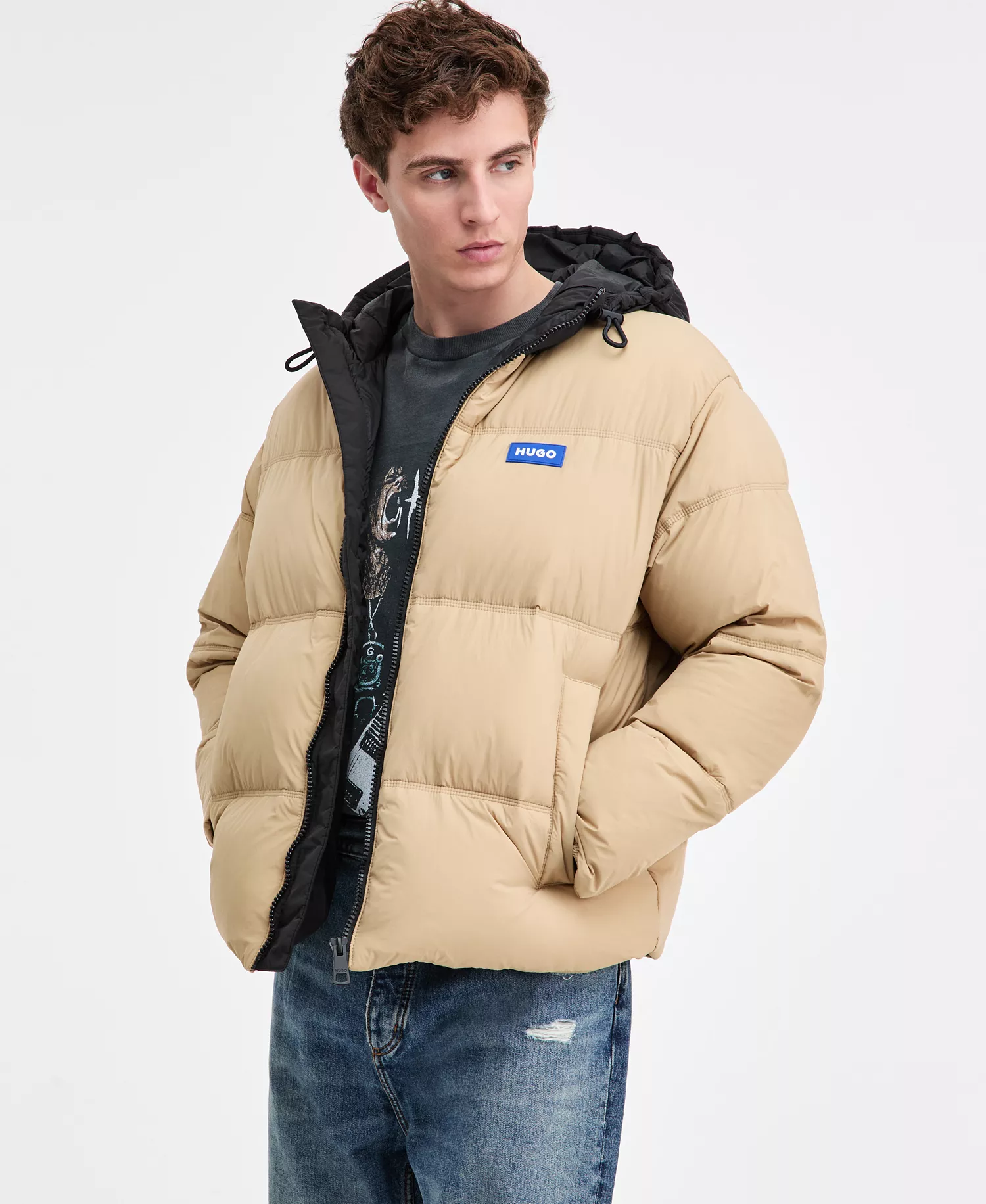 Men's Bodo Contrast-Hood Insulated Jacket - Beige - 2XL