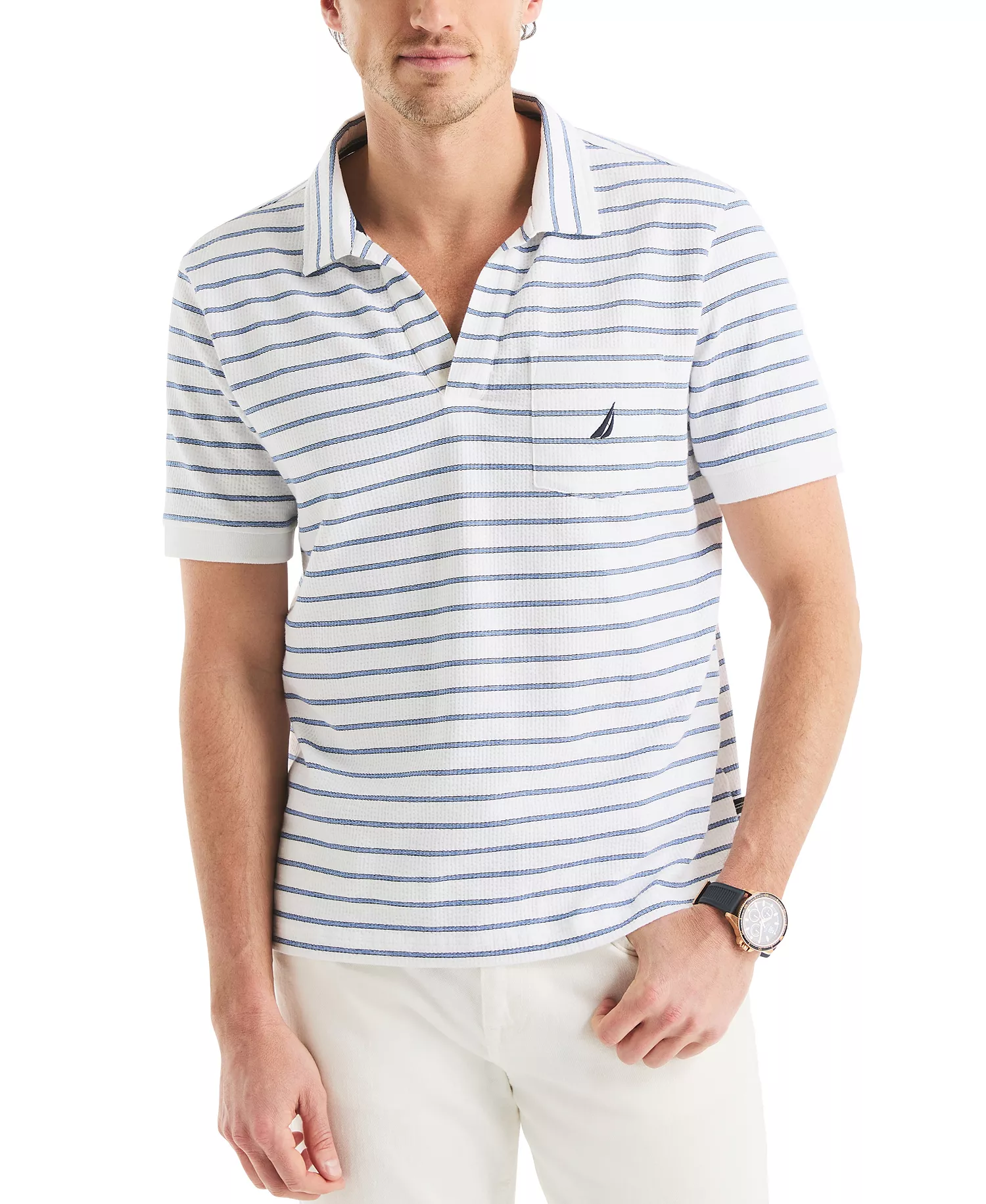 Men's Classic-Fit Stripe Seersucker Johnny Collar Pocket Polo Shirt - Bright White - 2XL