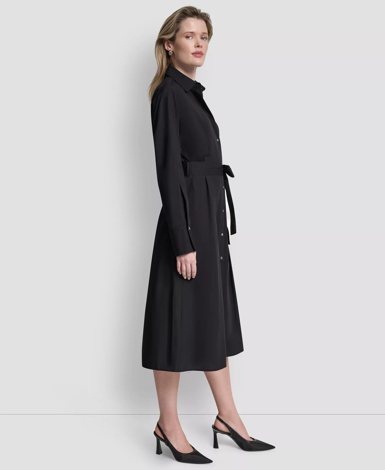 Women's Long-Sleeve Collared Neck Midi Shirt Dress - Black - 10