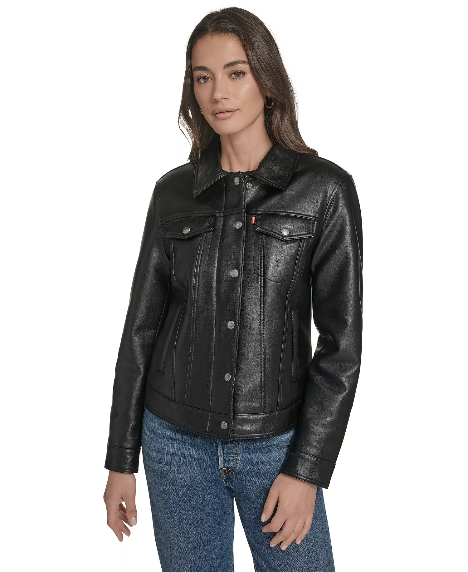 Women's Regular Faux Leather Trucker Jacket - Black - L