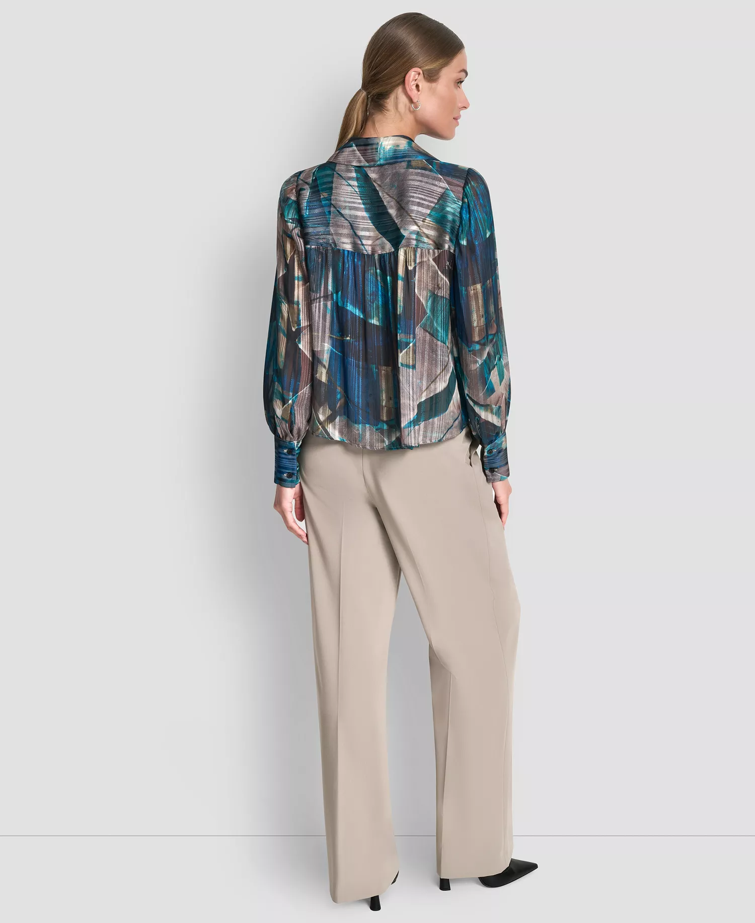 Women's Balloon Sleeve Shirt - City Taupe/ocean Blue Multi - L