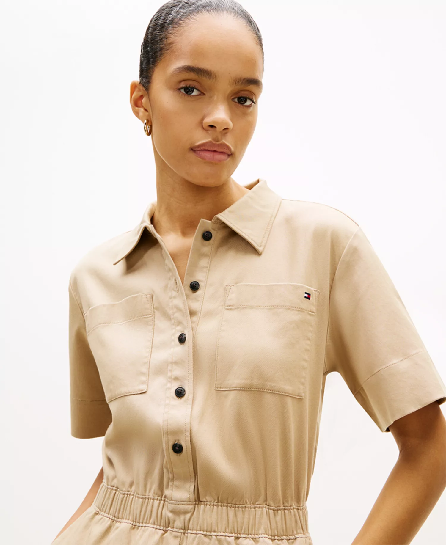 Women's Utility Shirt Short-Sleeve Jumpsuit - Beige - L