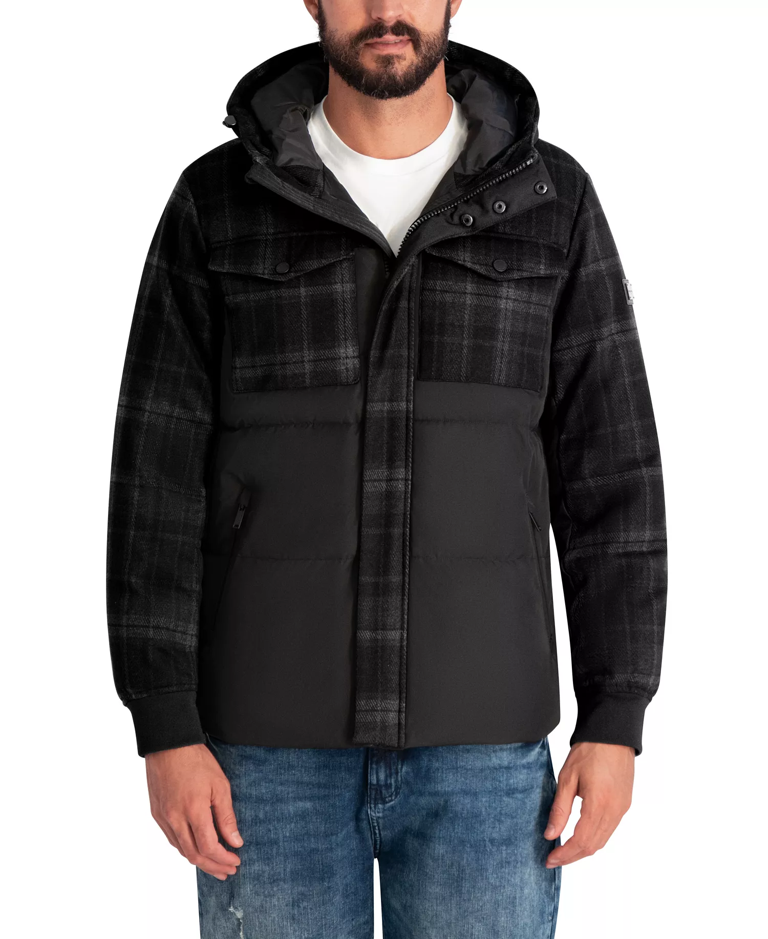 Men's Mixed Media Hooded Puffer Jacket - Black Combo - 2XL