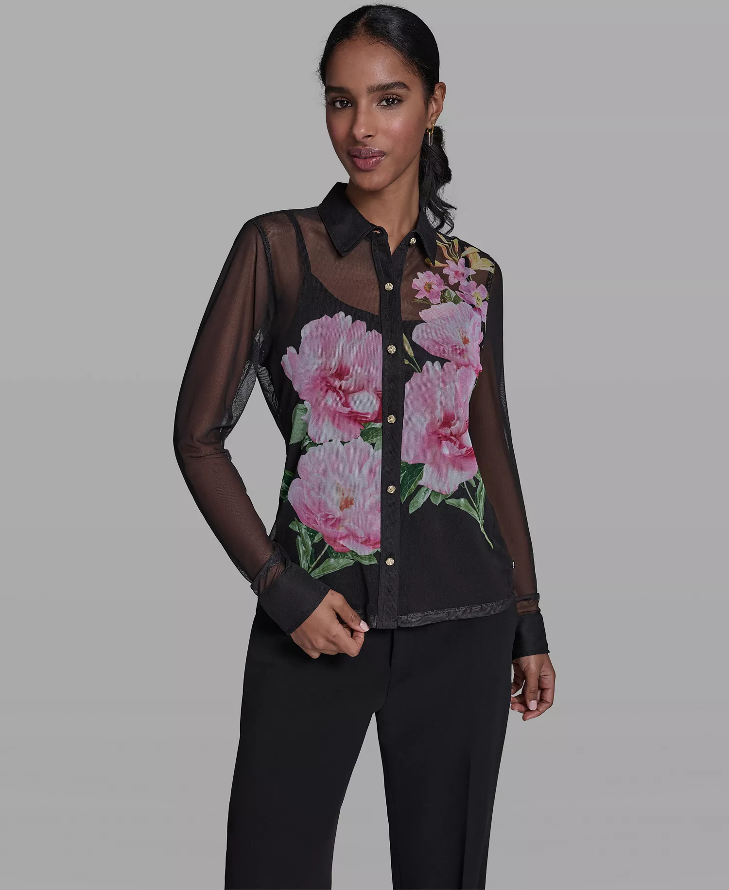 Women's Placed Floral Mesh Collared Shirt - Black - L