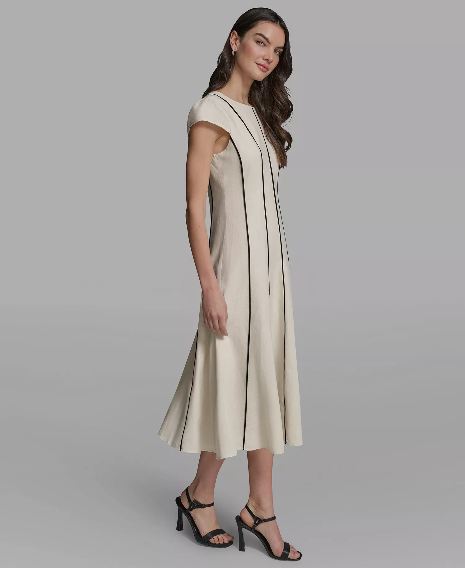 Women's Vertical Striped Piping Midi Dress - Bisque/Black - 0