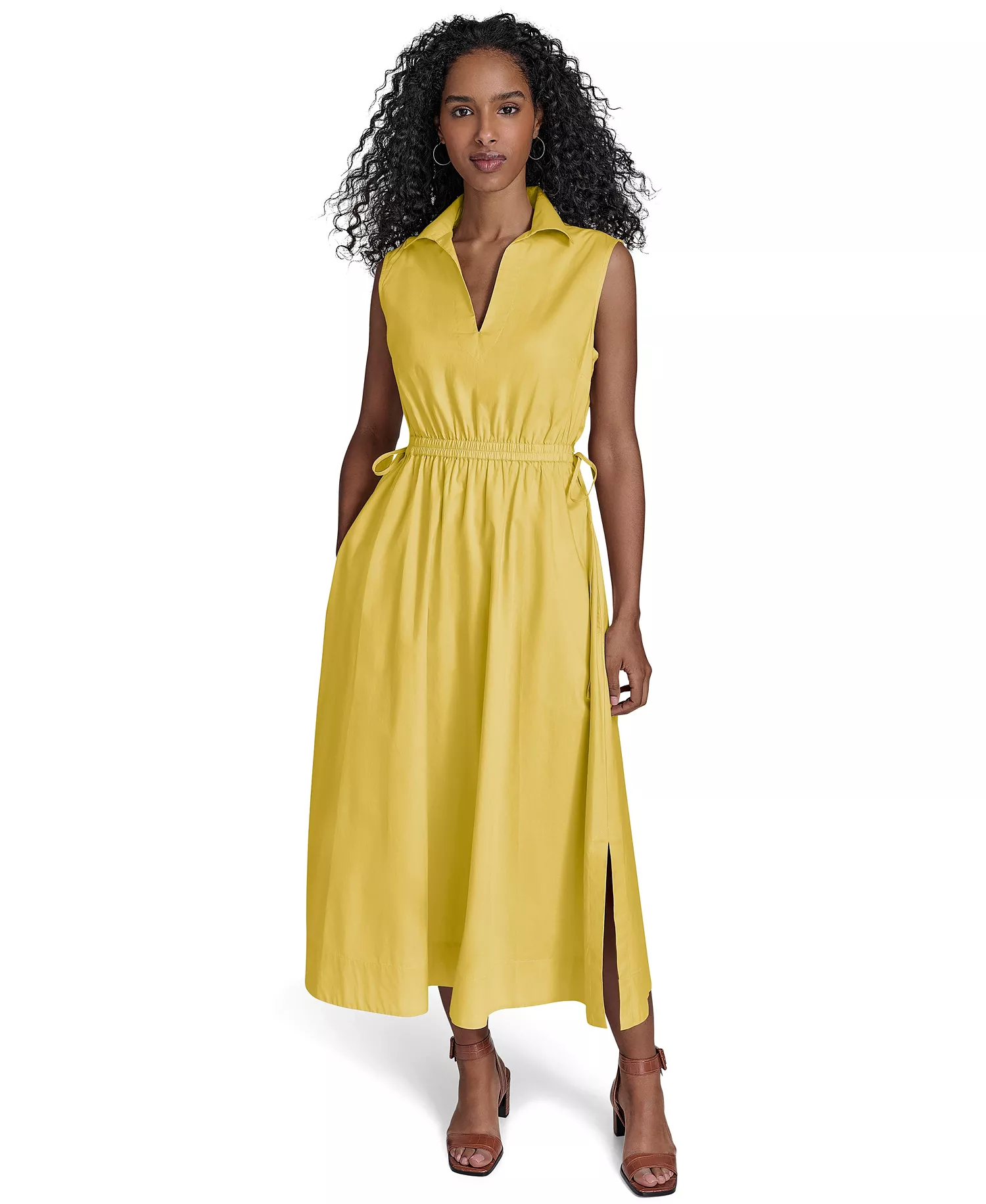 Women's Cotton Drawstring Sleeveless Midi Dress - DAFFODIL - 10