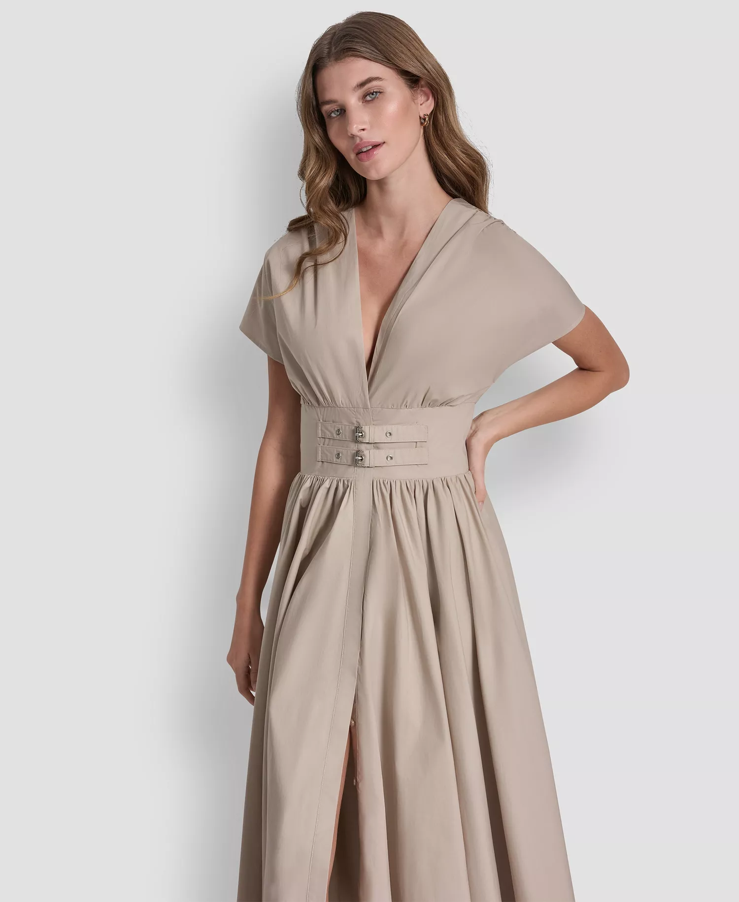 Women's Poplin Smocked-Waist V-Neck Midi Dress - Pebble - L