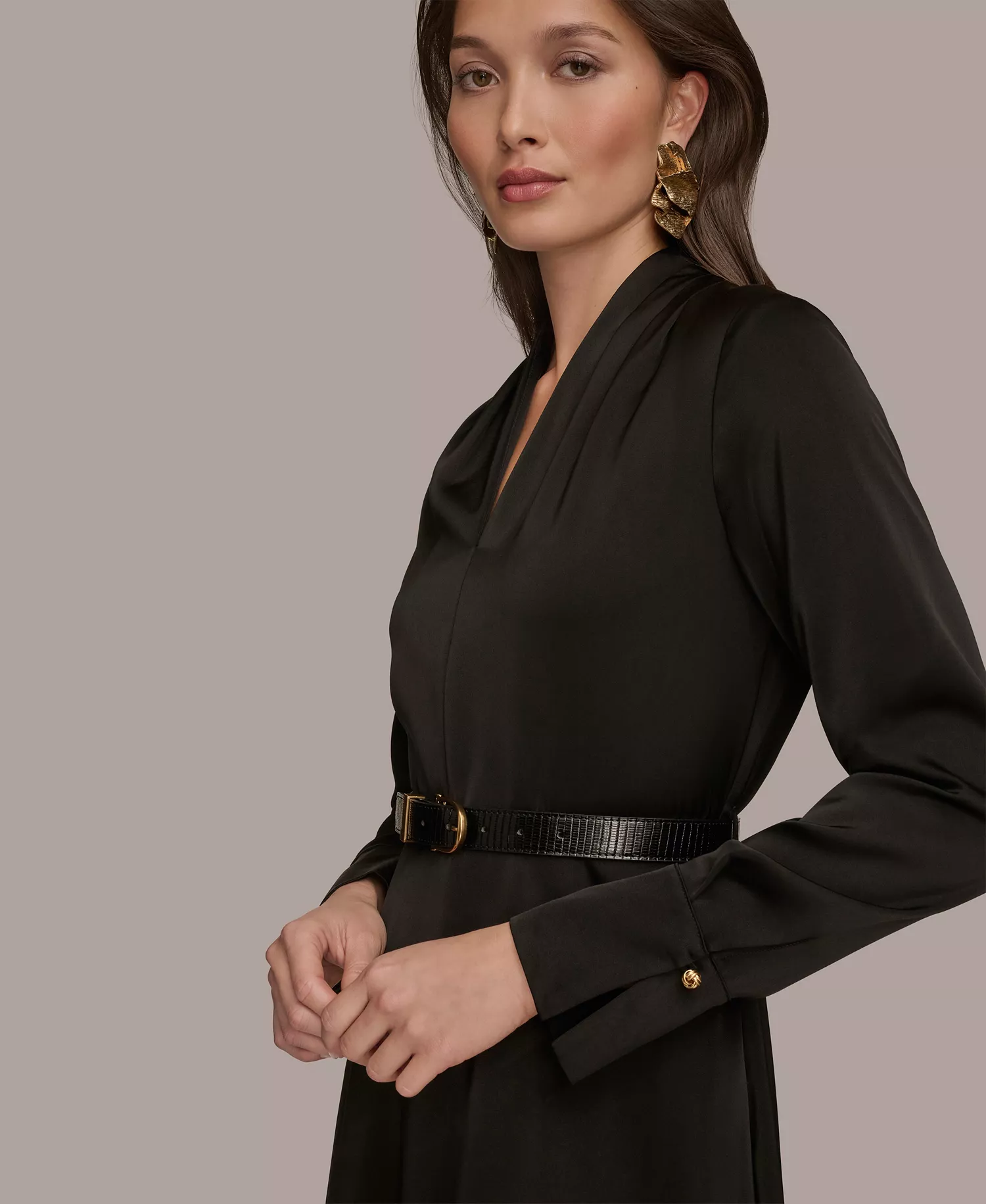 Women's Satin V-Neck Belted A-Line Midi Dress - Black - 4