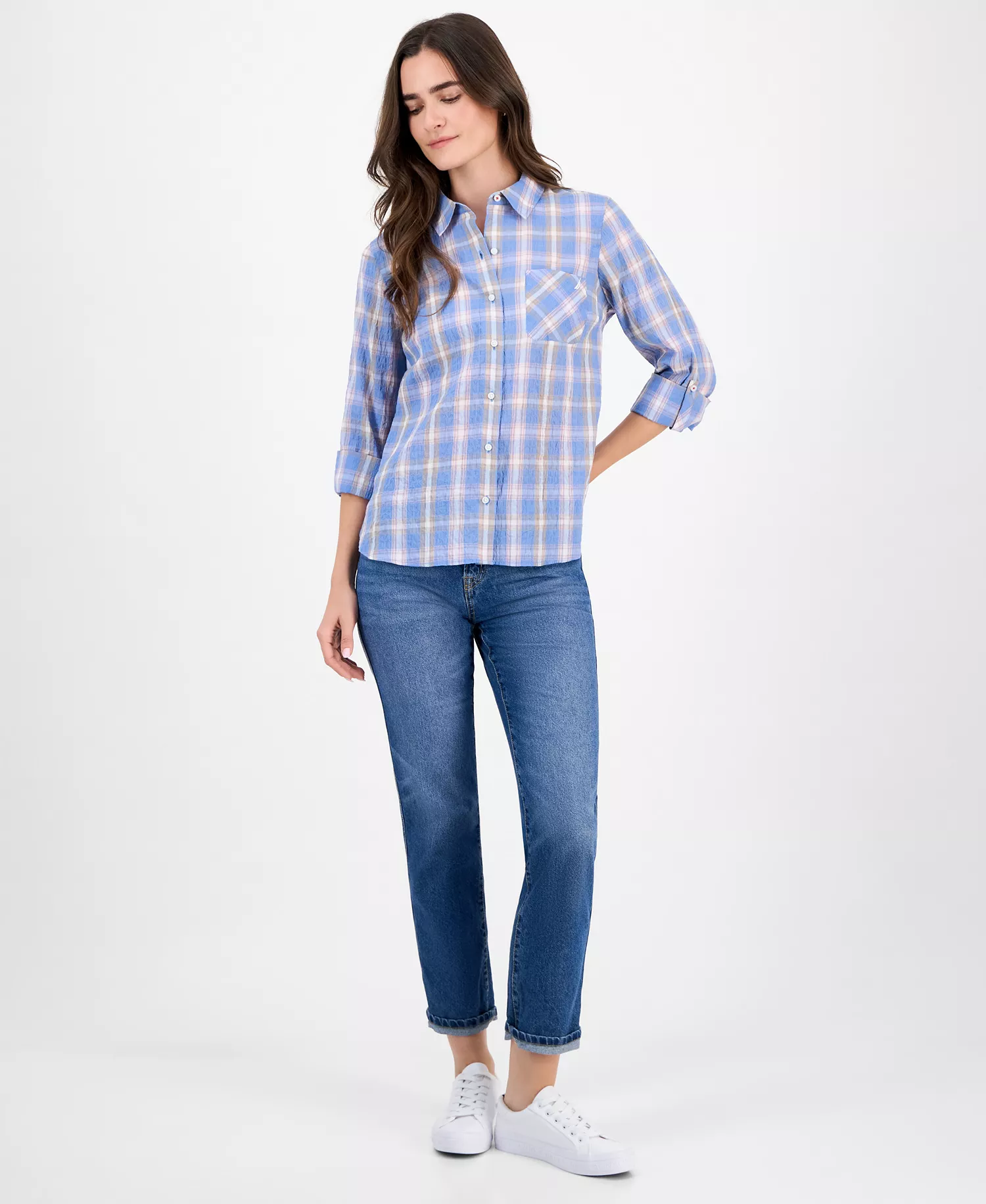Nautica Women's Cotton Crinkle Plaid Roll-Tab Shirt - Blue Haze Multi - L