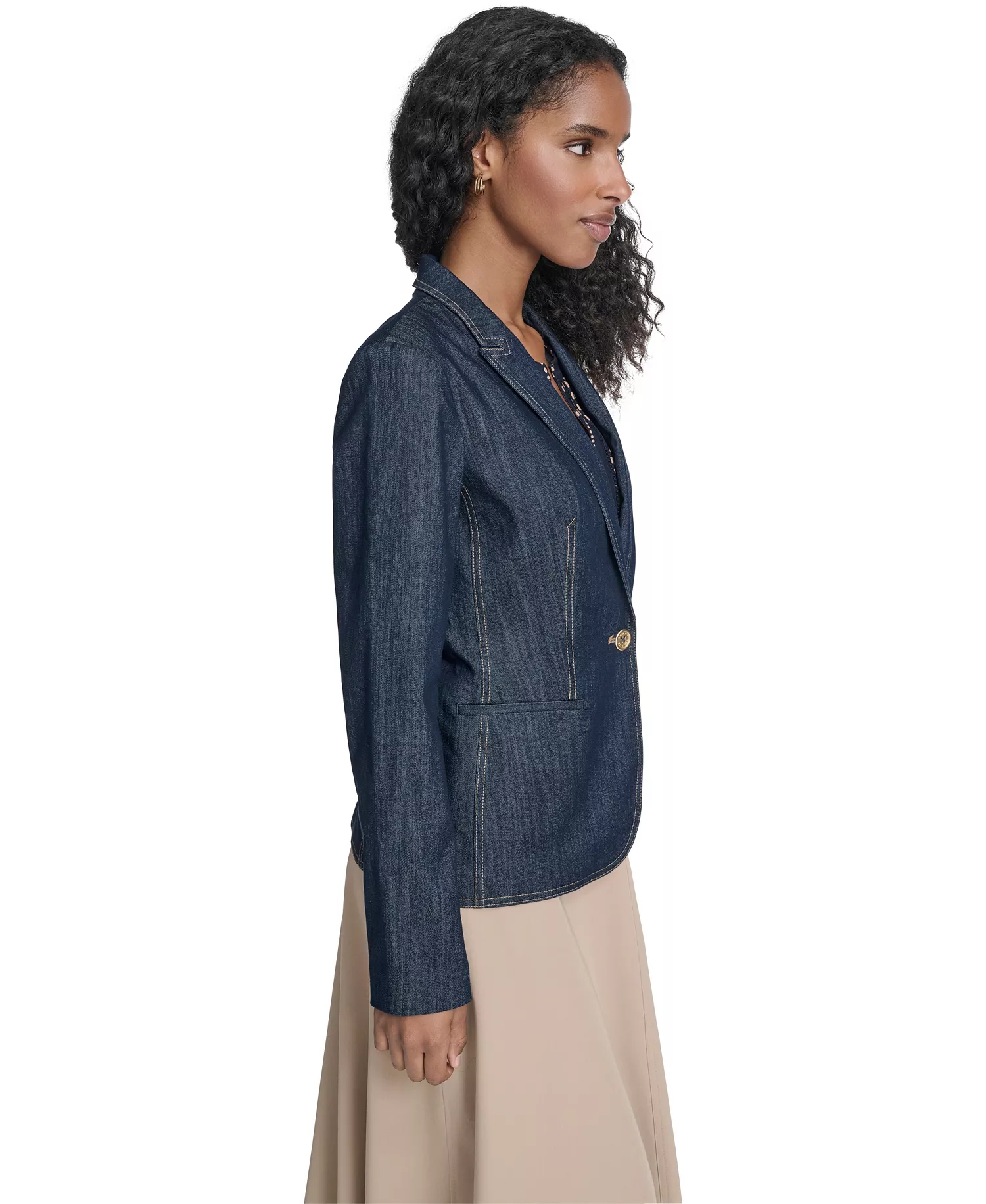 Women's One Button Denim Blazer - Navy - 0