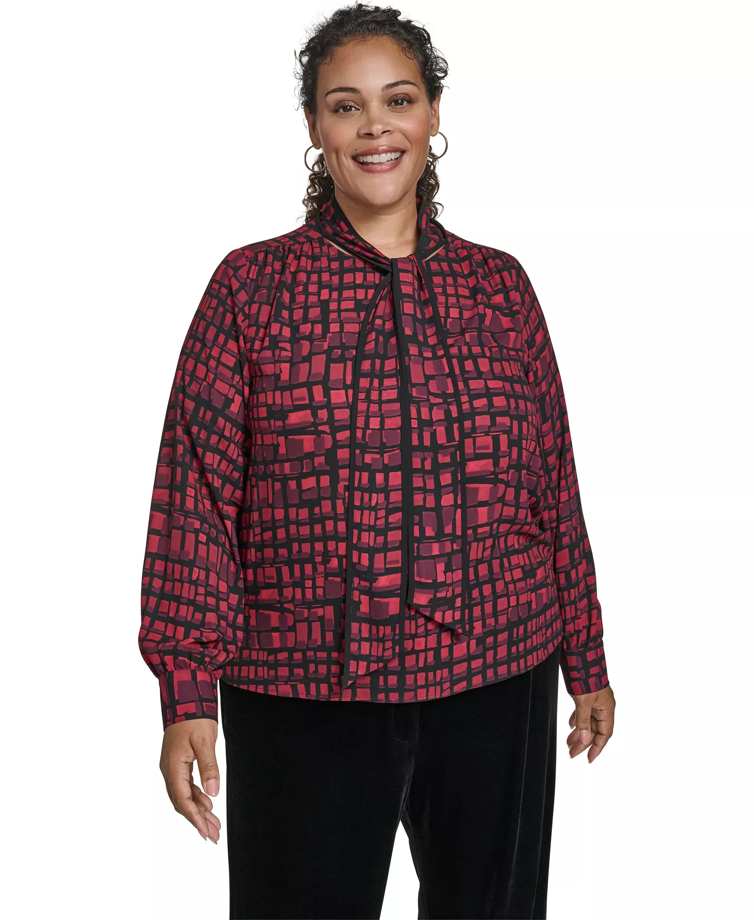 Plus Size Printed Long Sleeves Tie Neck Top - Cranberry Multi - 1X