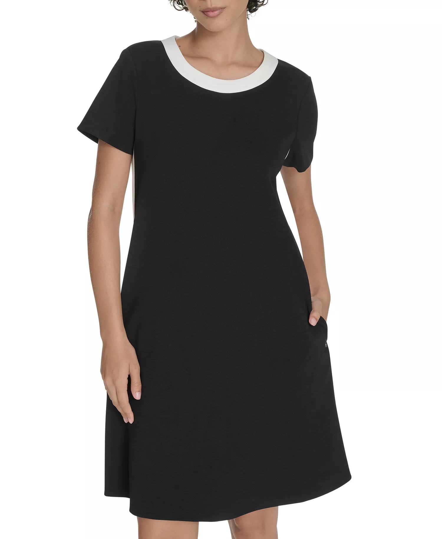 Women's Short-Sleeve Scuba Crepe Shift Dress - Black/Ivory - 10
