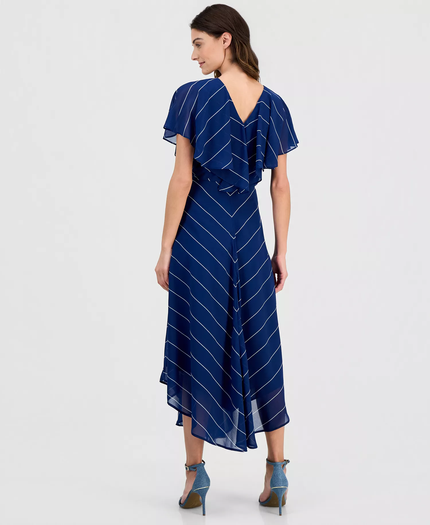 Women's Capelet-Sleeve Point-Hem Dress, Macy's Exclusive - Cait Stripe - L