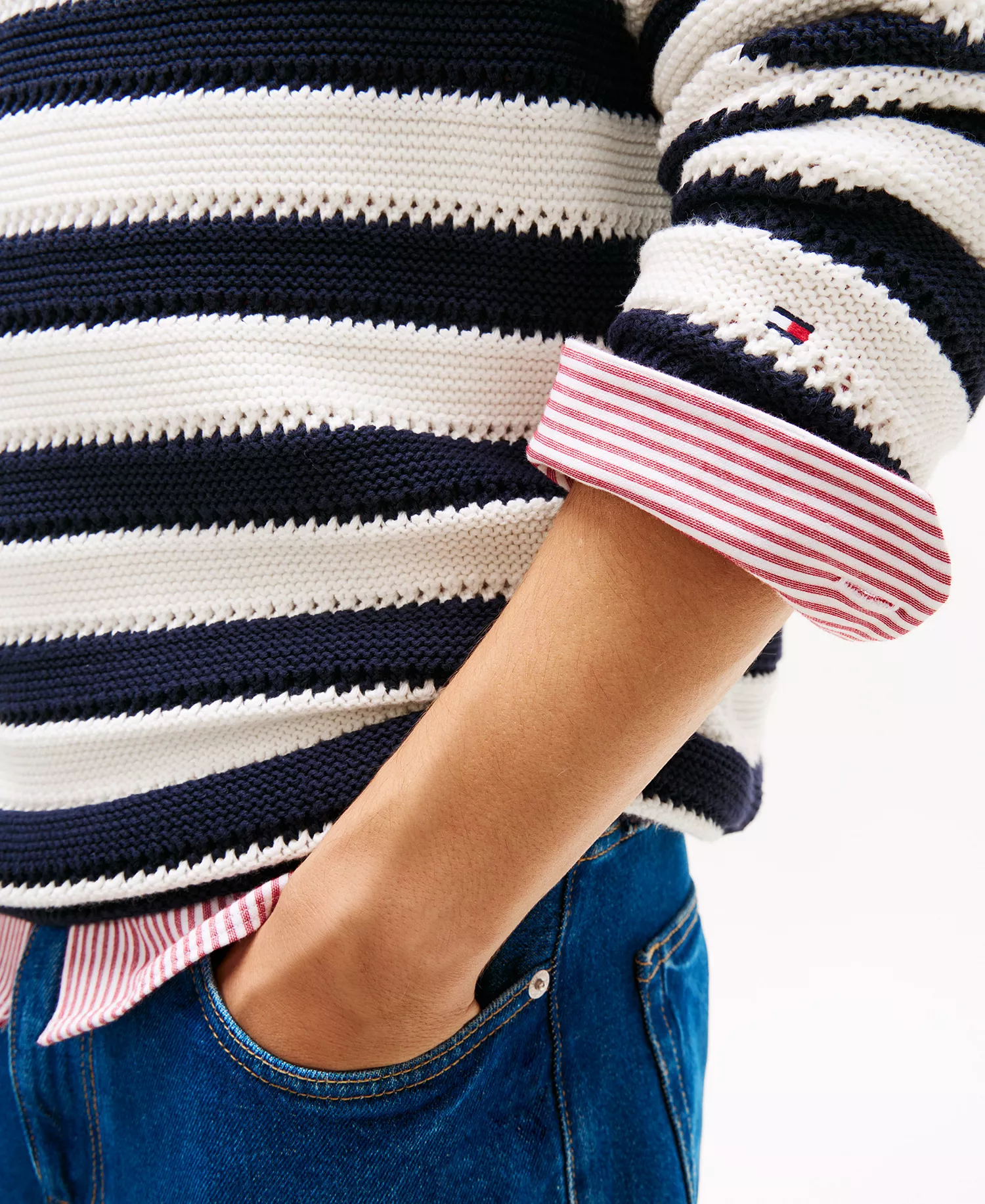 Men's Crewneck Crochet Block Stripe Sweater - Desert Sky / Ivory Petal - L