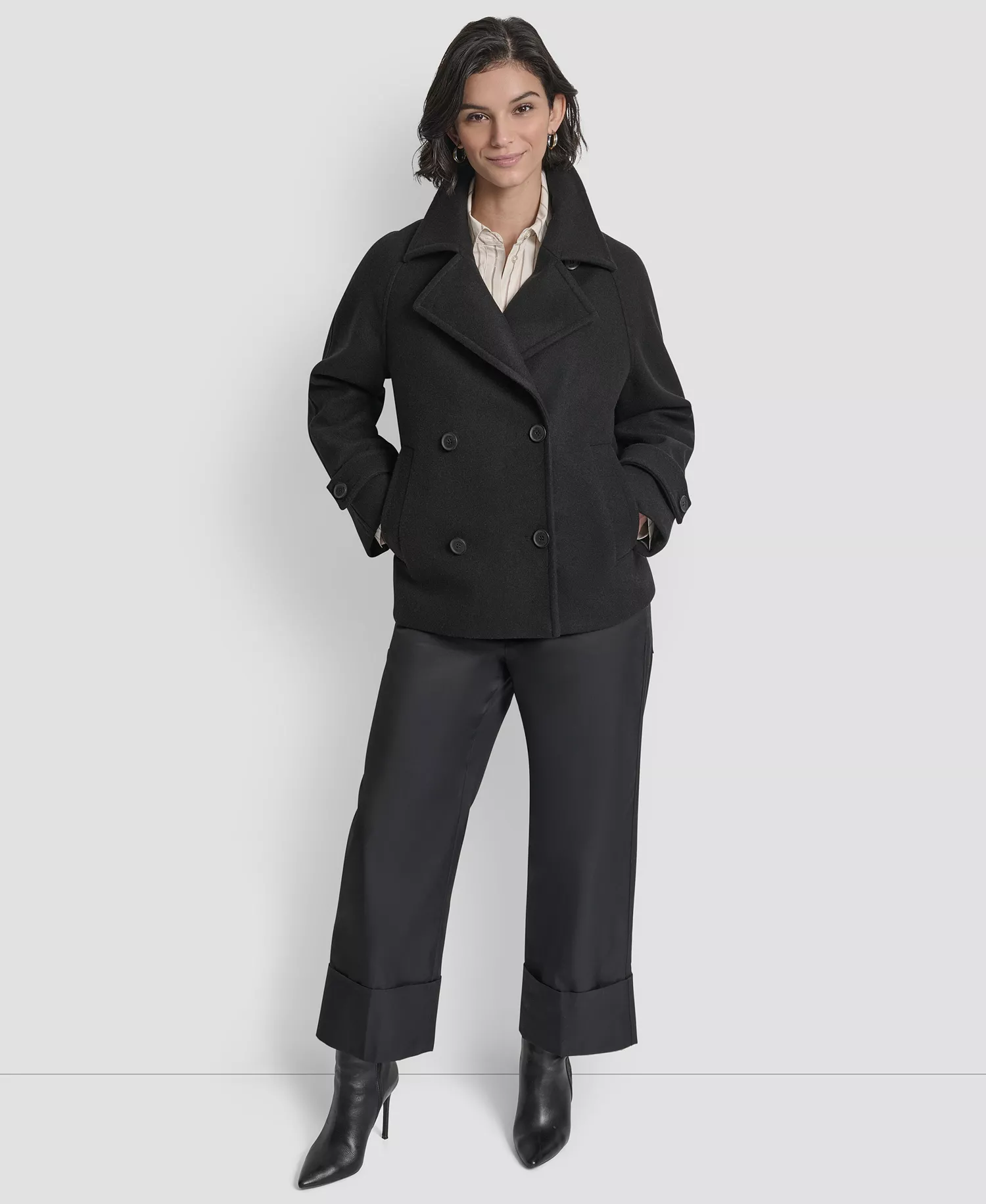 Women's Short Double Breasted Collared Coat - Black - L