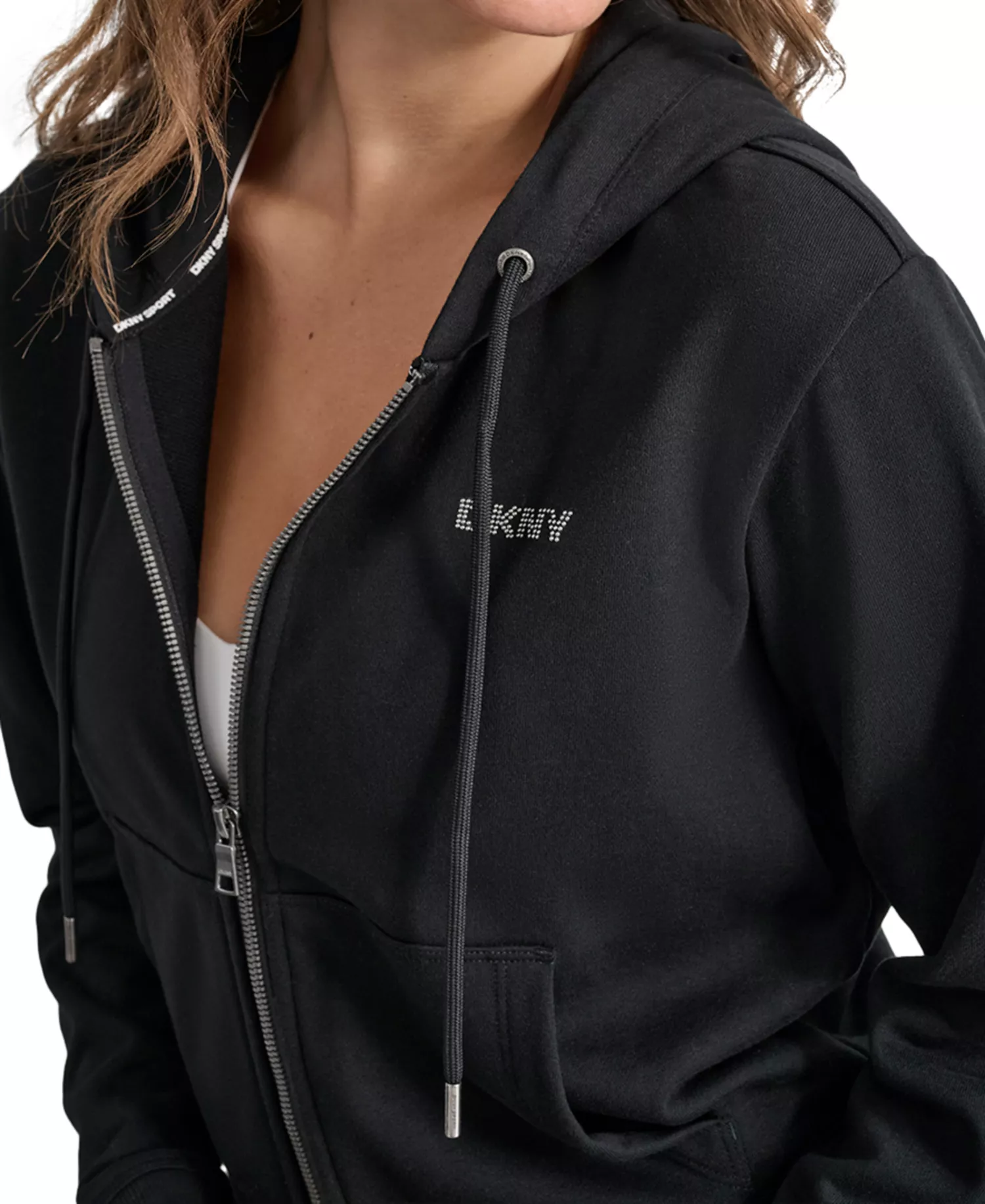Women's Studded-Logo Full-Zip Fleece Hoodie - Black - L