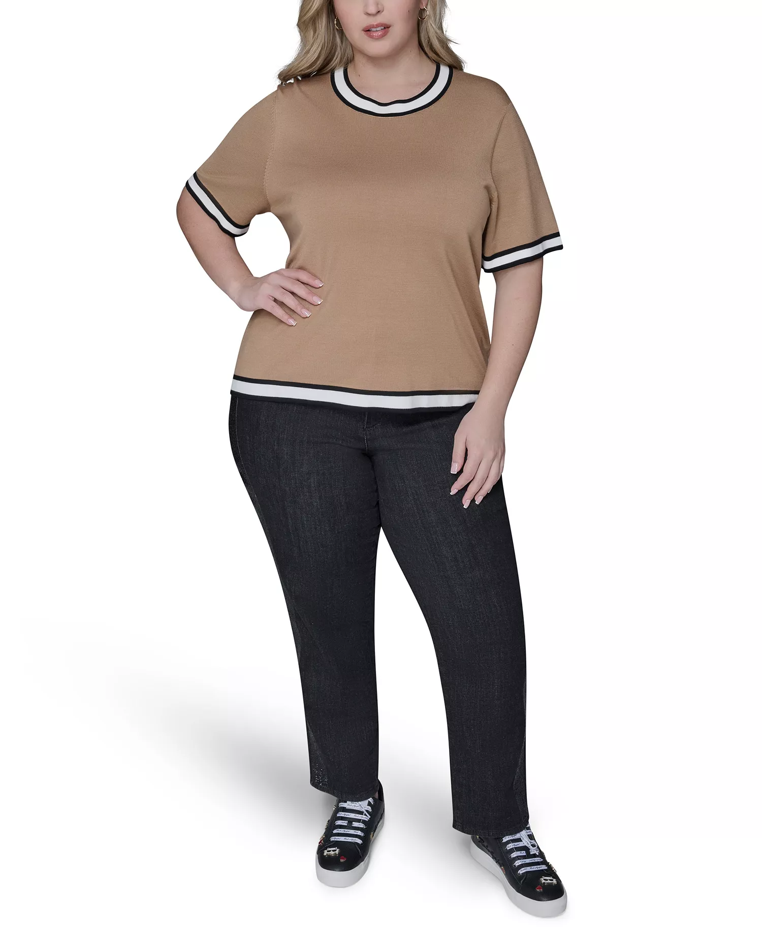Women's Plus Size Crew Neck Short-Sleeve Sweater - Black - 0X