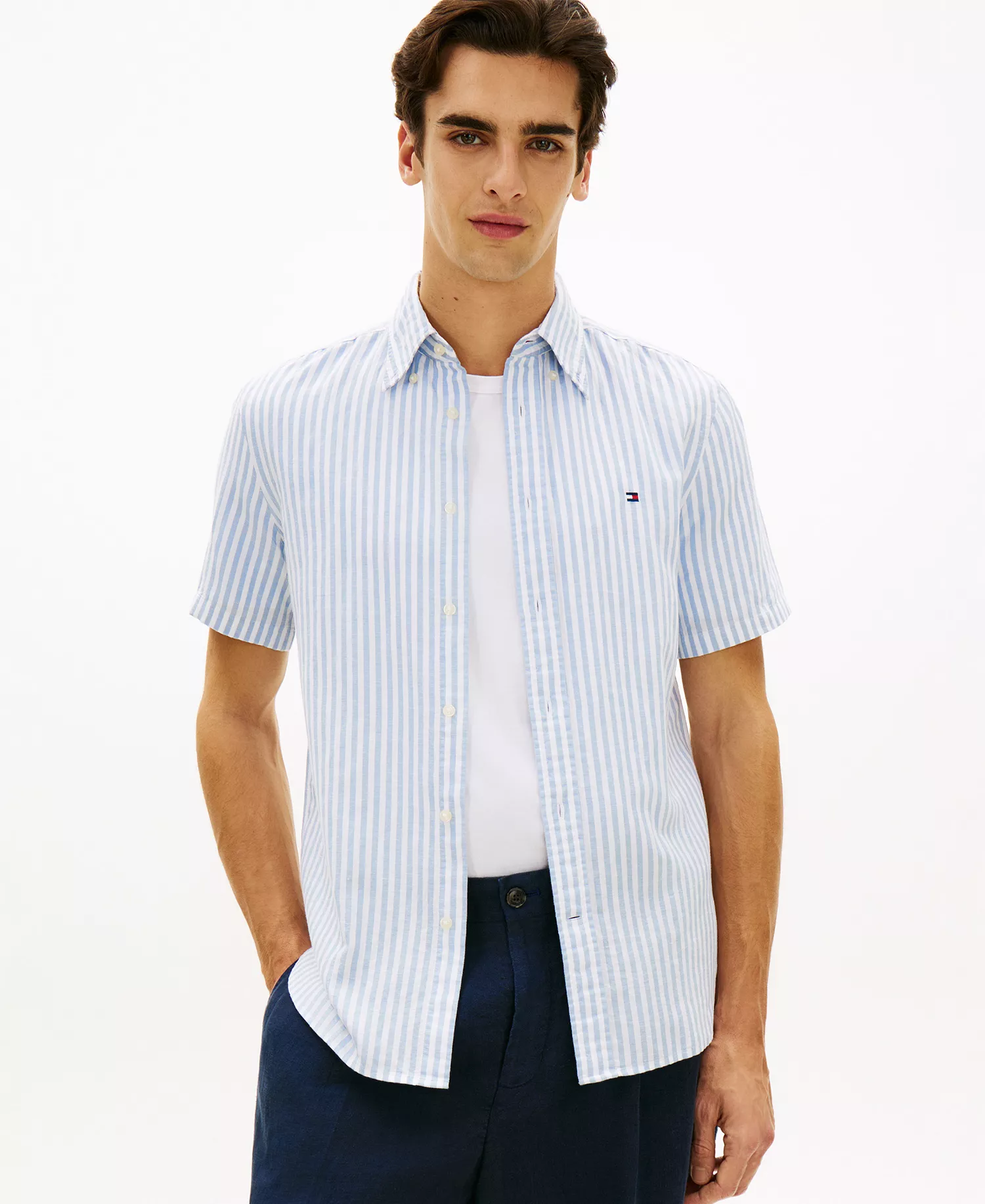 Men's Regular Linen-Blend Bengal Stripe Shirt - Cloudy Blue - L