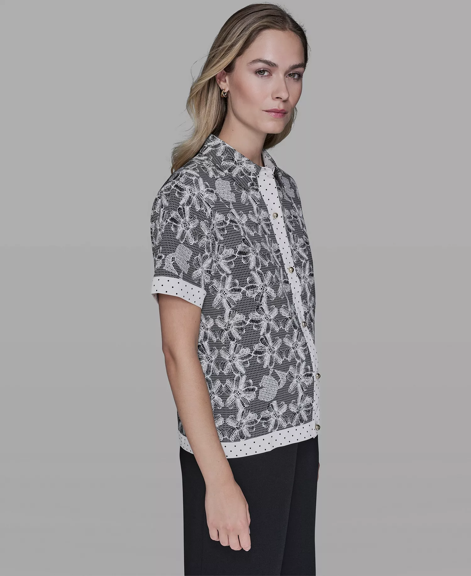 Women's Lace Print Detail Camp Shirt - Black/bisque - L