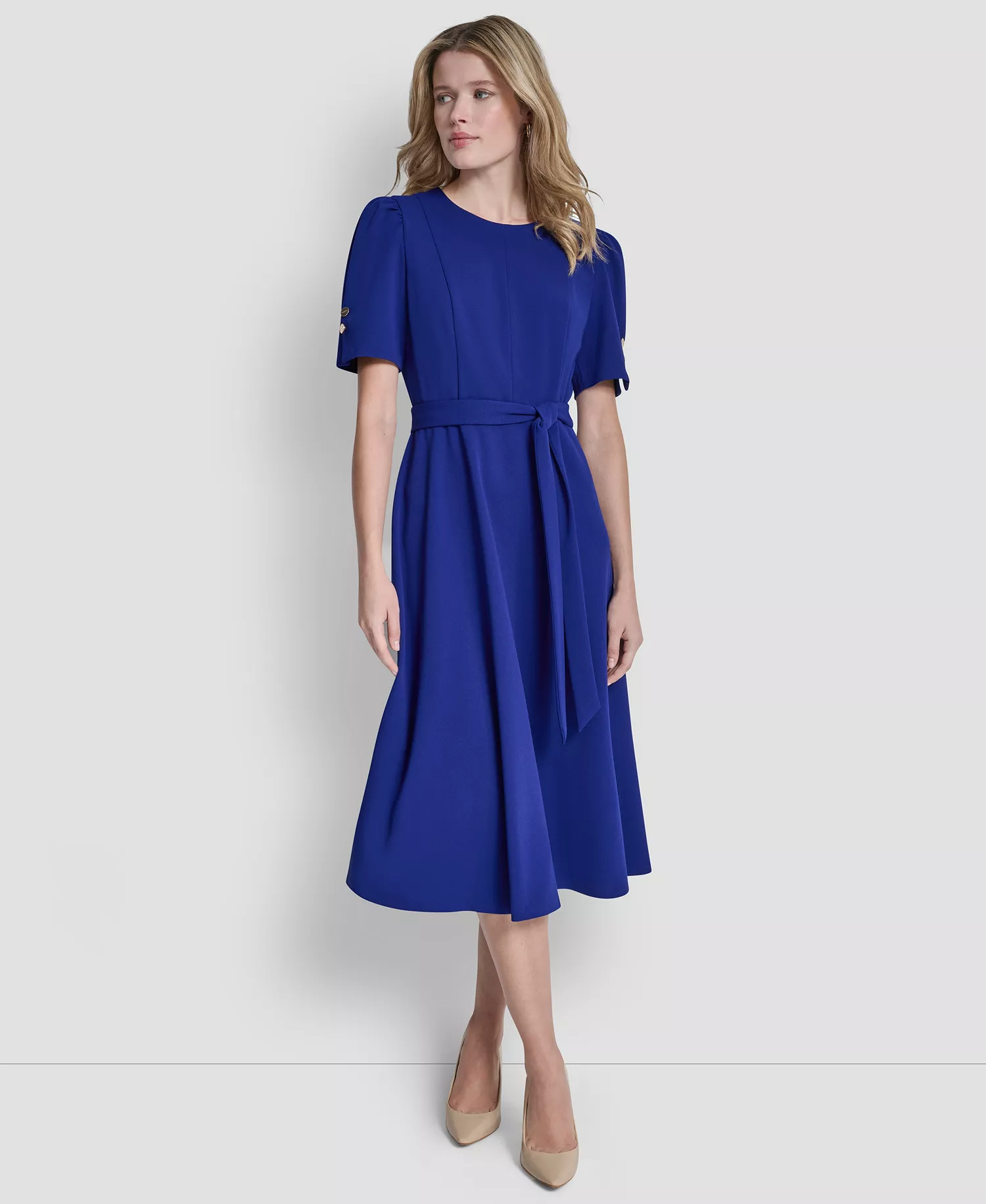Women's Short-Sleeve Jewel Neck Midi Dress - Marine - 10