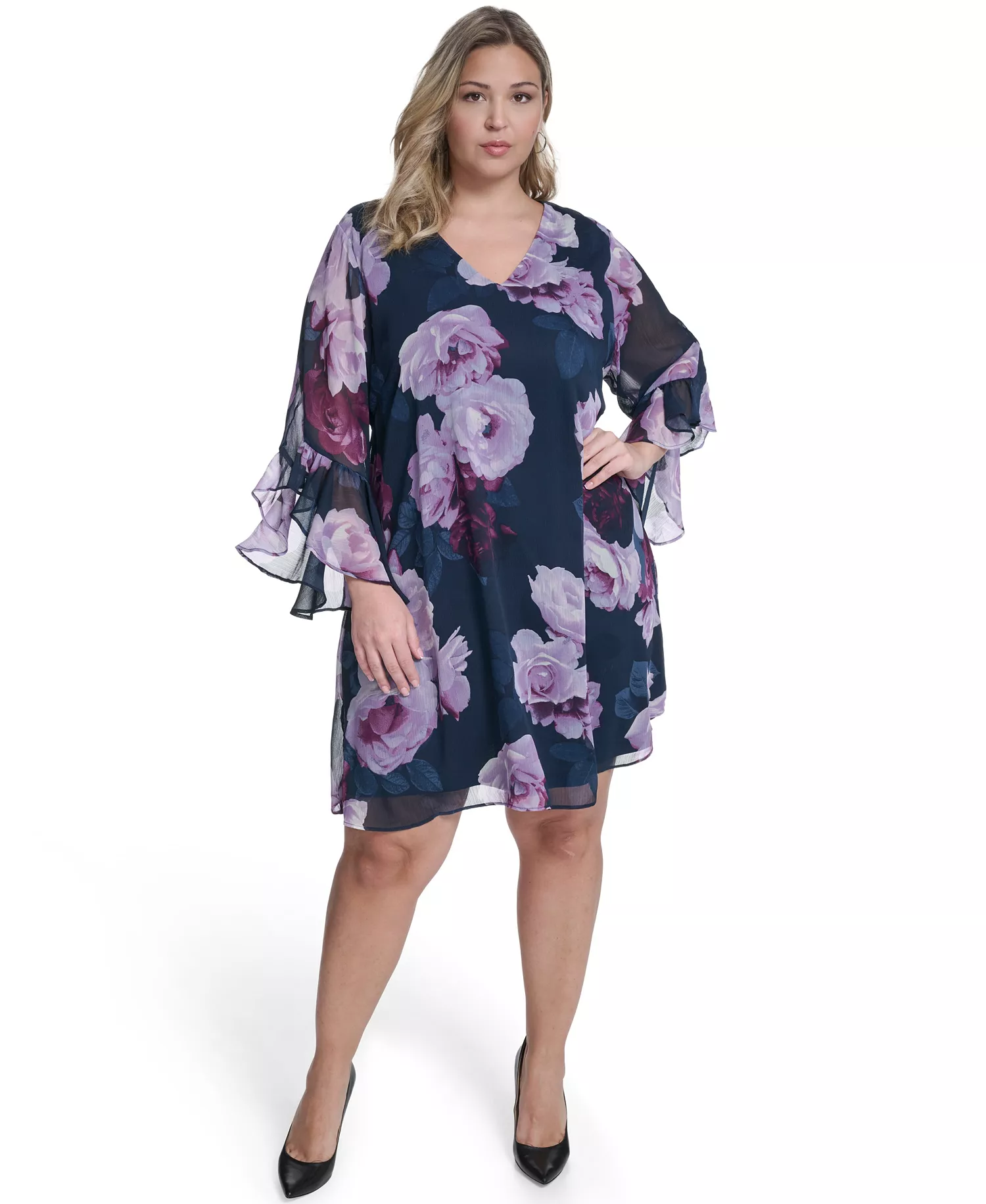 Plus Size Printed V-Neck Dress - Indigo - 14W