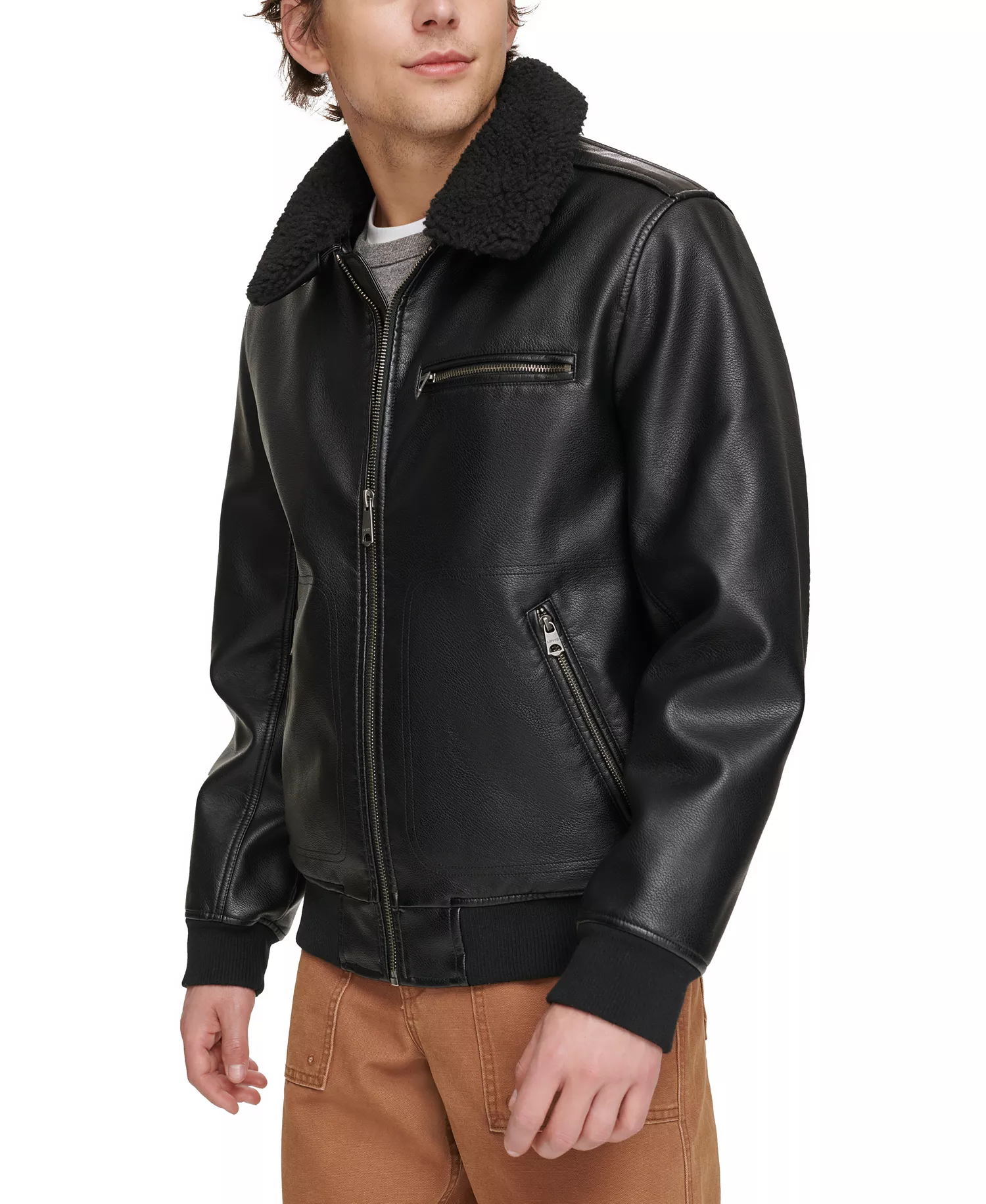Men's Sherpa Collar Faux Leather Bomber Jacket - Black - 2XL
