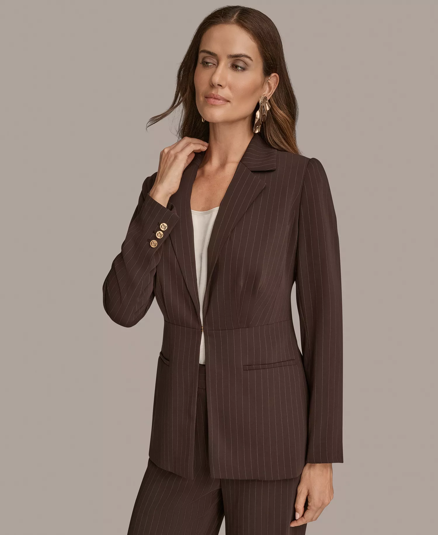 Women's Notch Lapel Collar Pinstripe Tie-Waist Jacket - Chocolate Plum/Nolita - 12